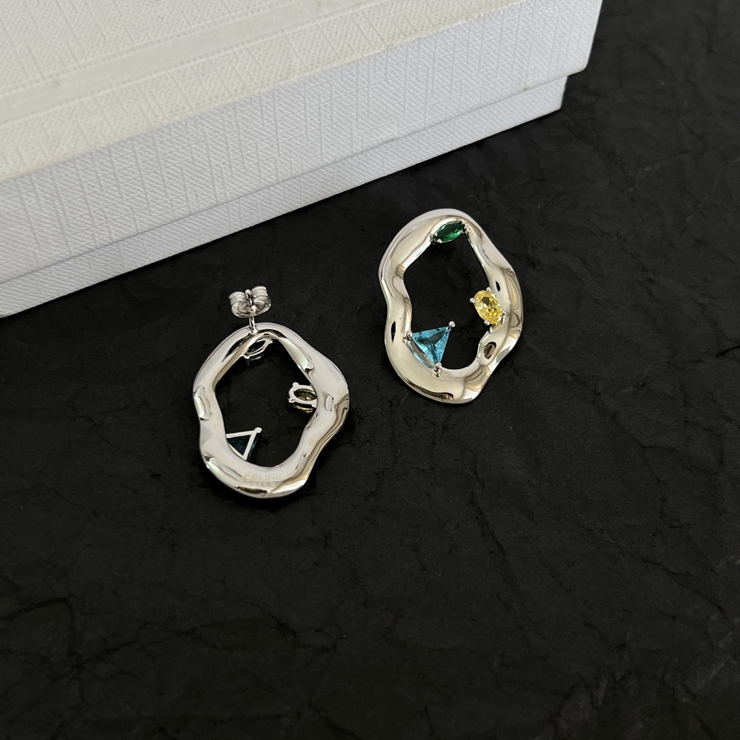 Celine Irregular Open Multigem Hoop Earrings earrings Silver-toned metal with green yellow and blue faceted stones One Size approx 3cm diameter