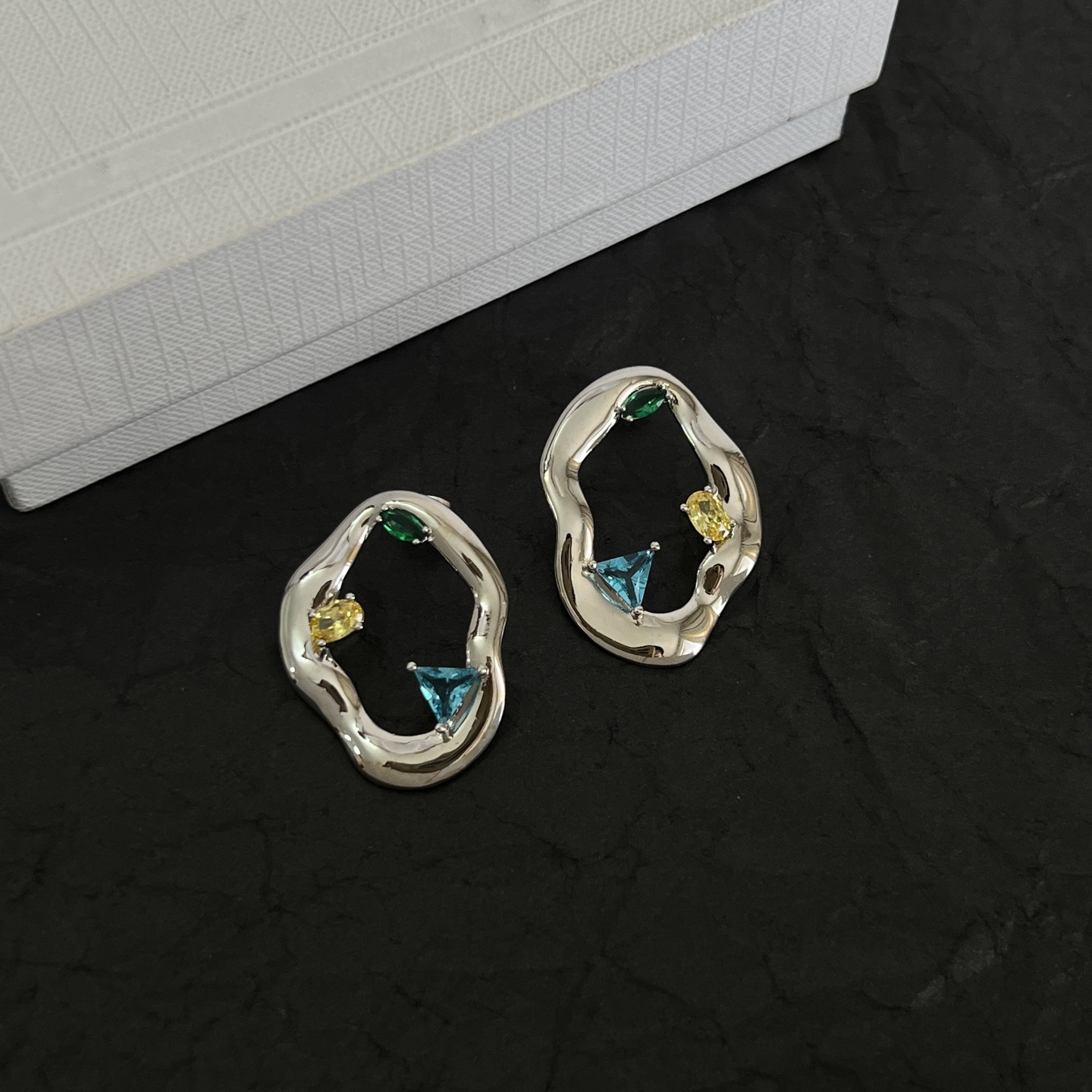 Celine Irregular Open Multigem Hoop Earrings earrings Silver-toned metal with green yellow and blue faceted stones One Size approx 3cm diameter
