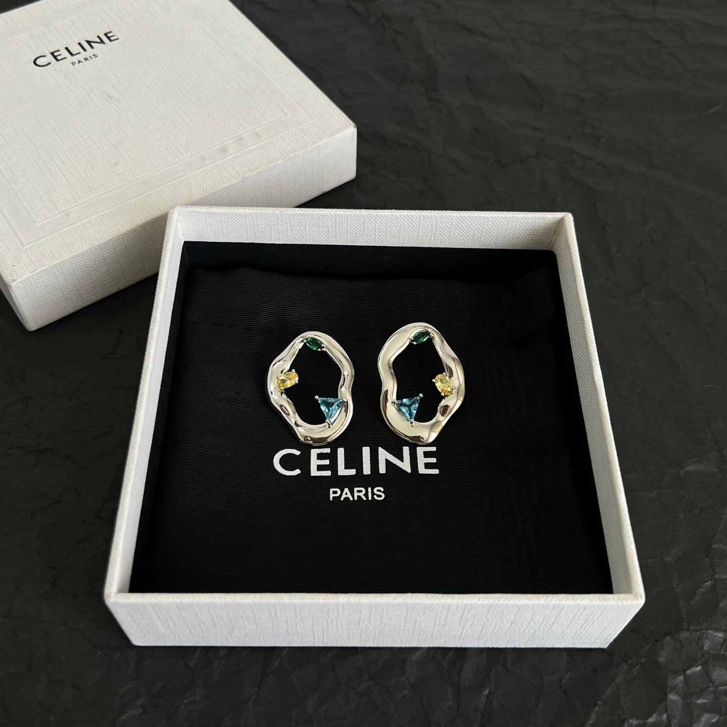 Celine Irregular Open Multigem Hoop Earrings earrings Silver-toned metal with green yellow and blue faceted stones One Size approx 3cm diameter