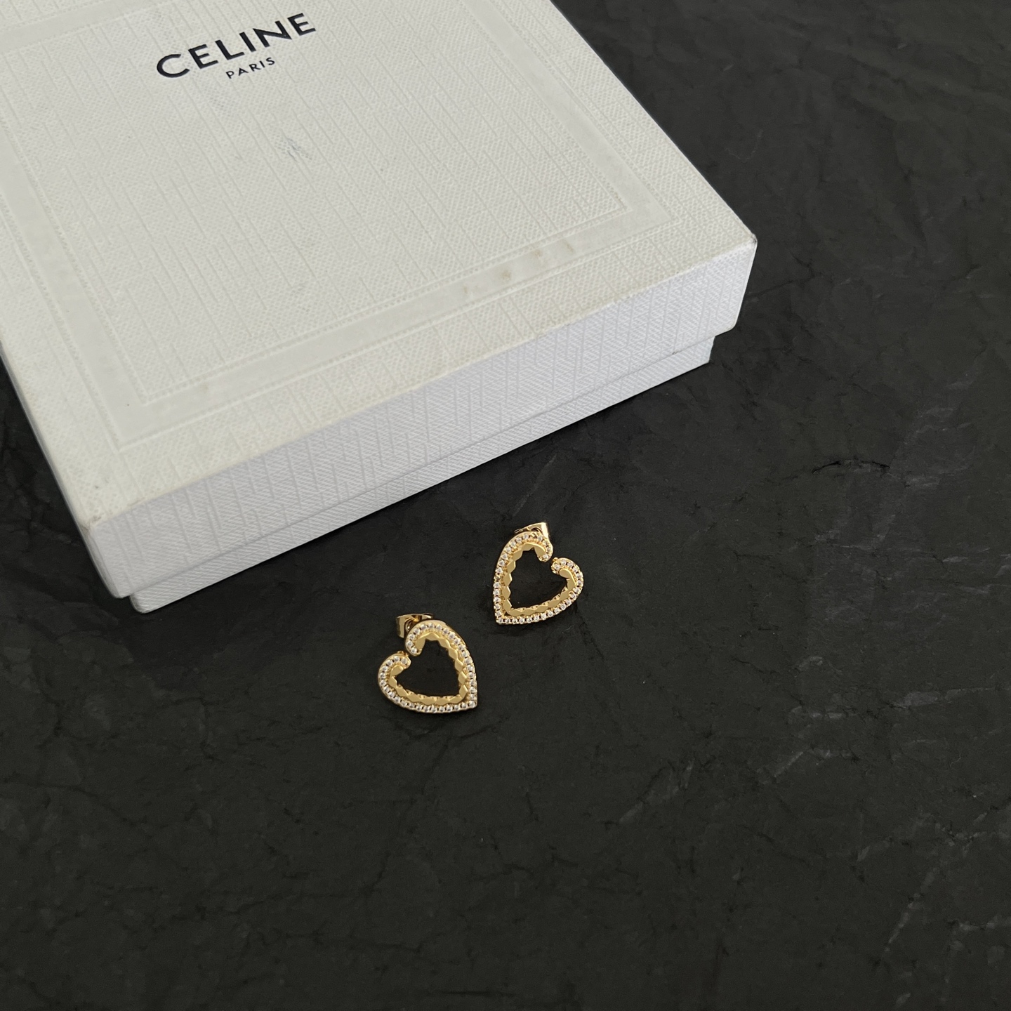 Celine Open Heart Crystal Stud Earrings earrings gold-tone metal with clear crystal accents 1 5cm stud diameter