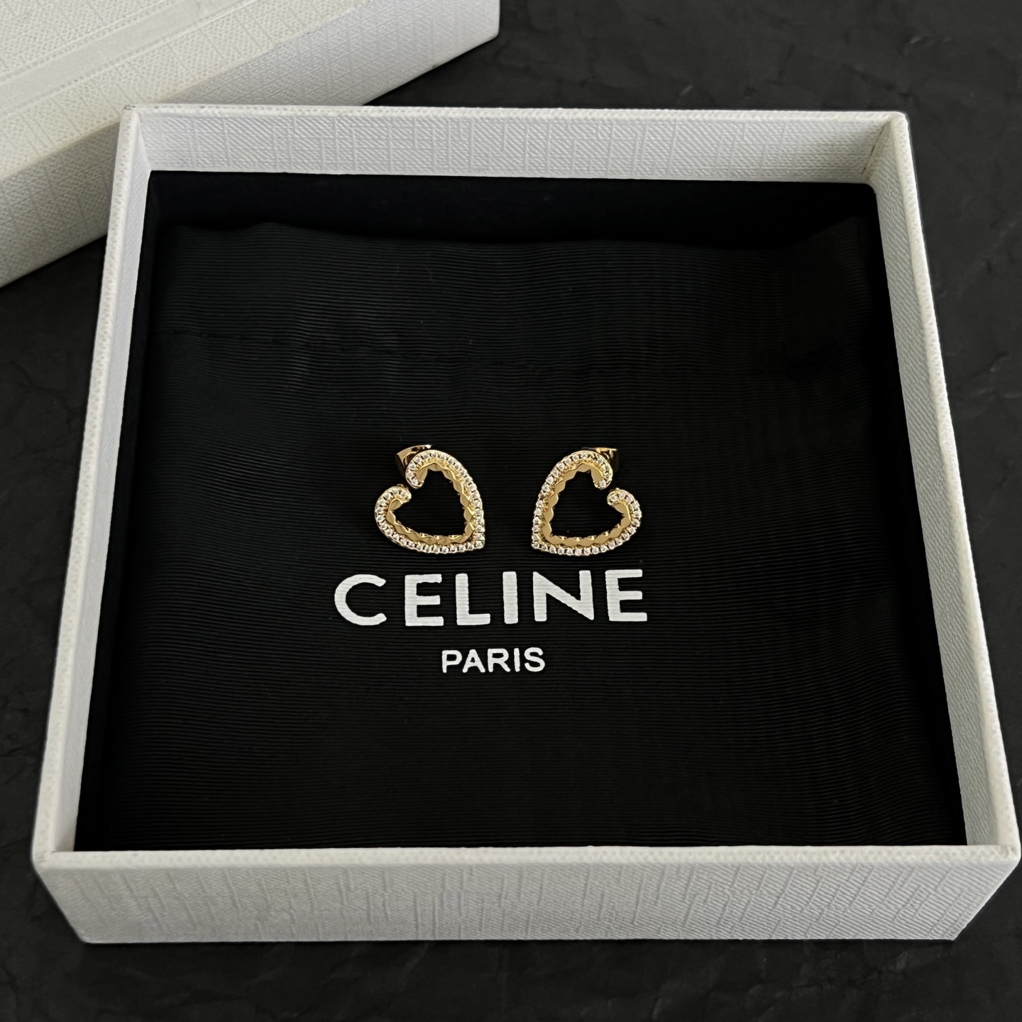 Celine Open Heart Crystal Stud Earrings earrings gold-tone metal with clear crystal accents 1 5cm stud diameter