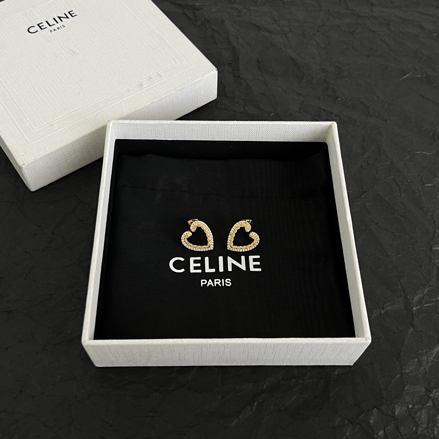 Celine Open Heart Crystal Stud Earrings earrings gold-tone metal with clear crystal accents 1 5cm stud diameter