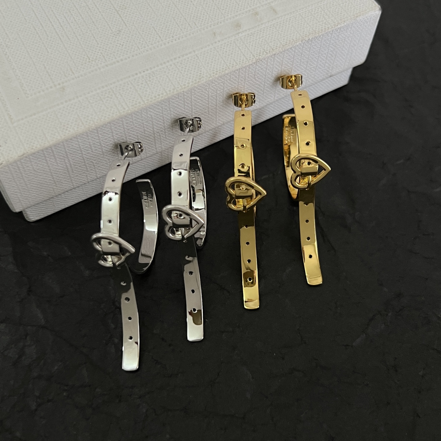 Celine Heart Buckle Belt Hoop Earrings earrings Silver-tone metal and gold-tone metal no gemstones 4 5cm hoop length