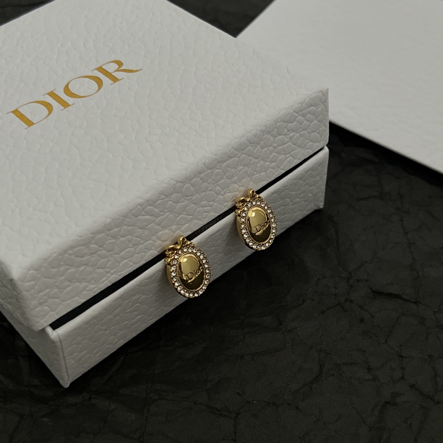 Dior Oval Logo Crystal Stud Earrings earrings gold-tone metal with clear crystal accents 1 2cm length