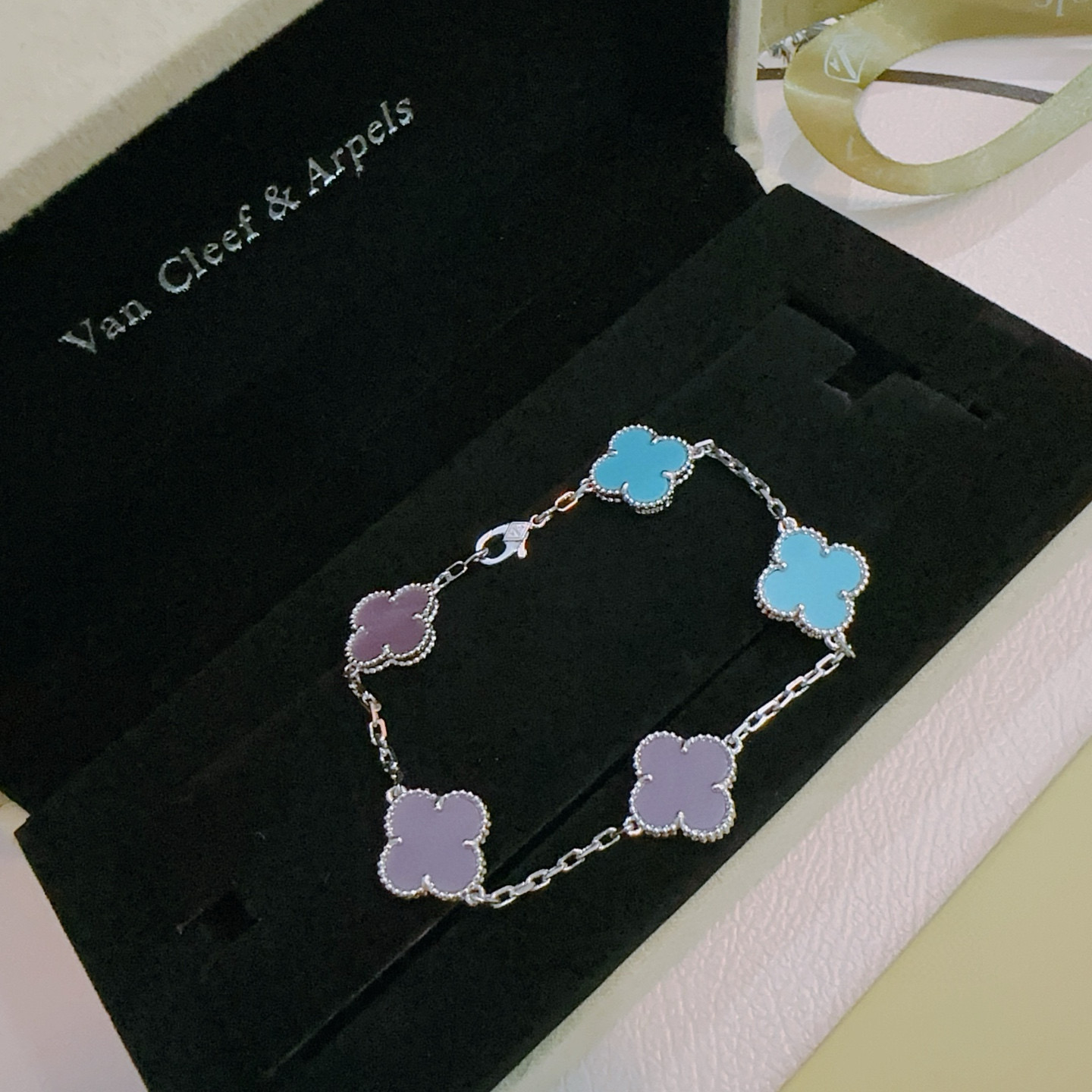 Van Cleef Arpels Alhambra bracelet Silver-toned metal with turquoise blue and purple clover inlays 18cm