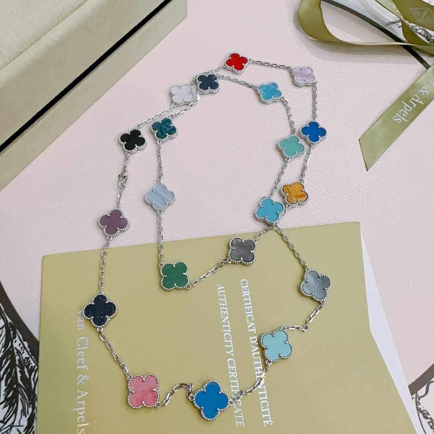 Van Cleef Arpels Alhambra necklace silver-toned metal with multicolor gemstone clover motifs 80cm