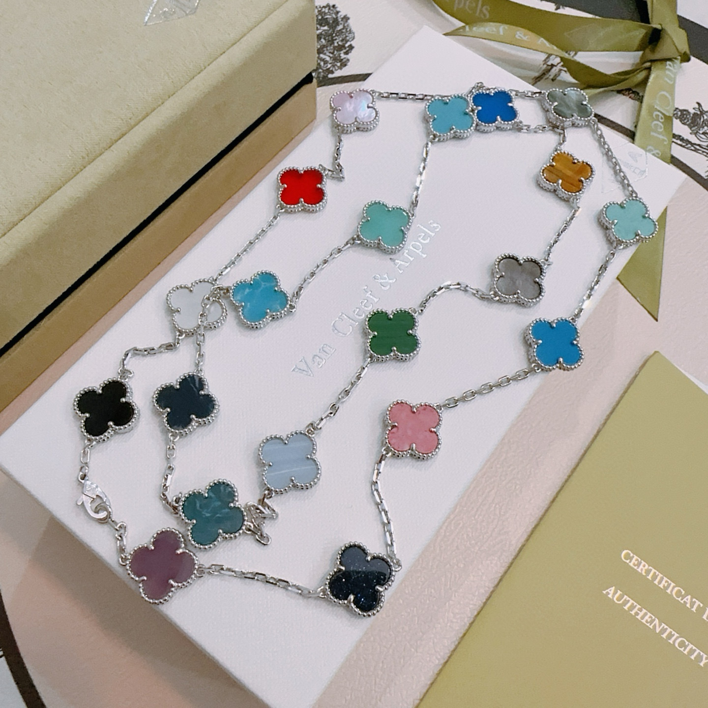Van Cleef Arpels Alhambra necklace silver-toned metal with multicolor gemstone clover motifs 80cm