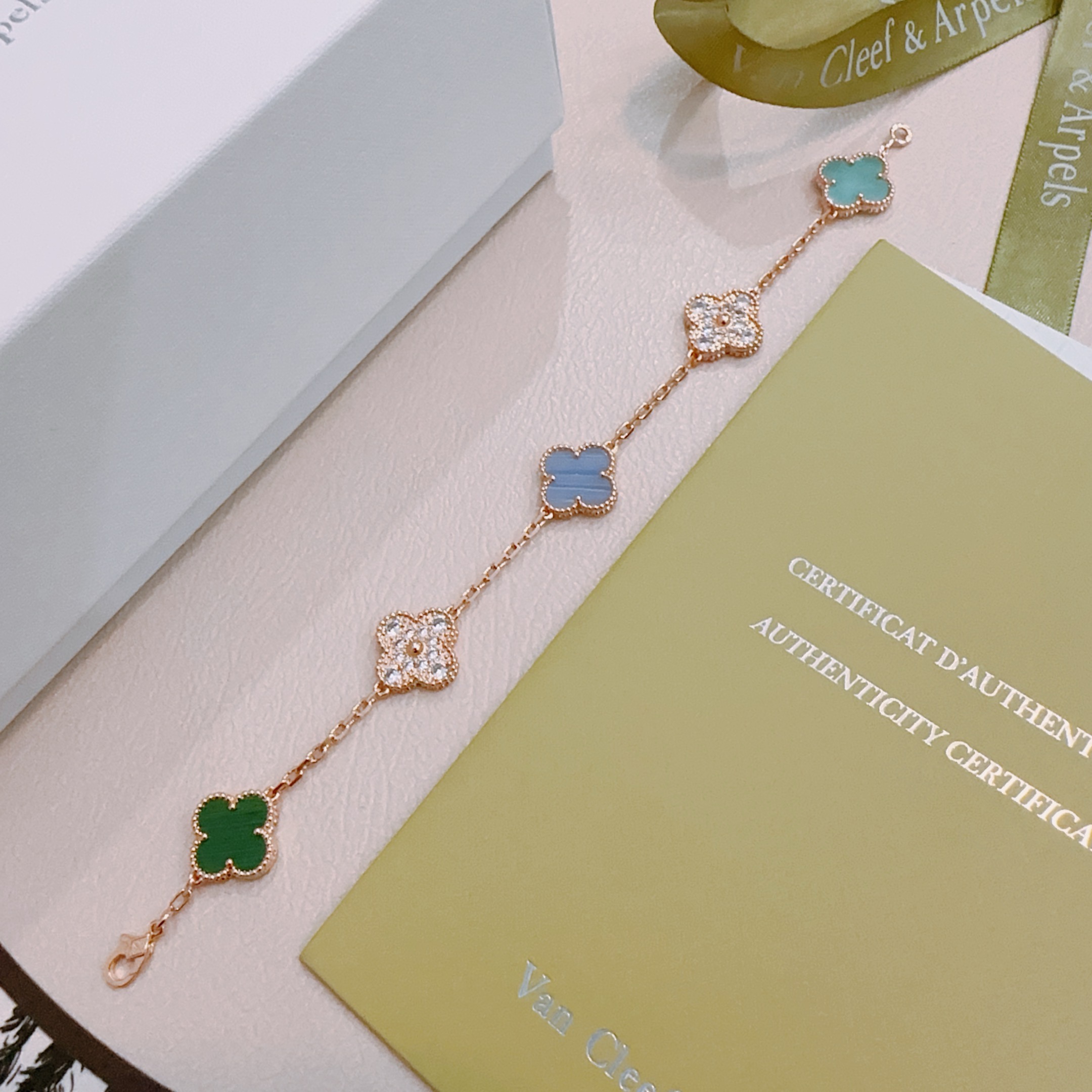 Van Cleef Arpels Alhambra bracelet Rose gold with blue chalcedony green malachite turquoise and diamond accents 19cm