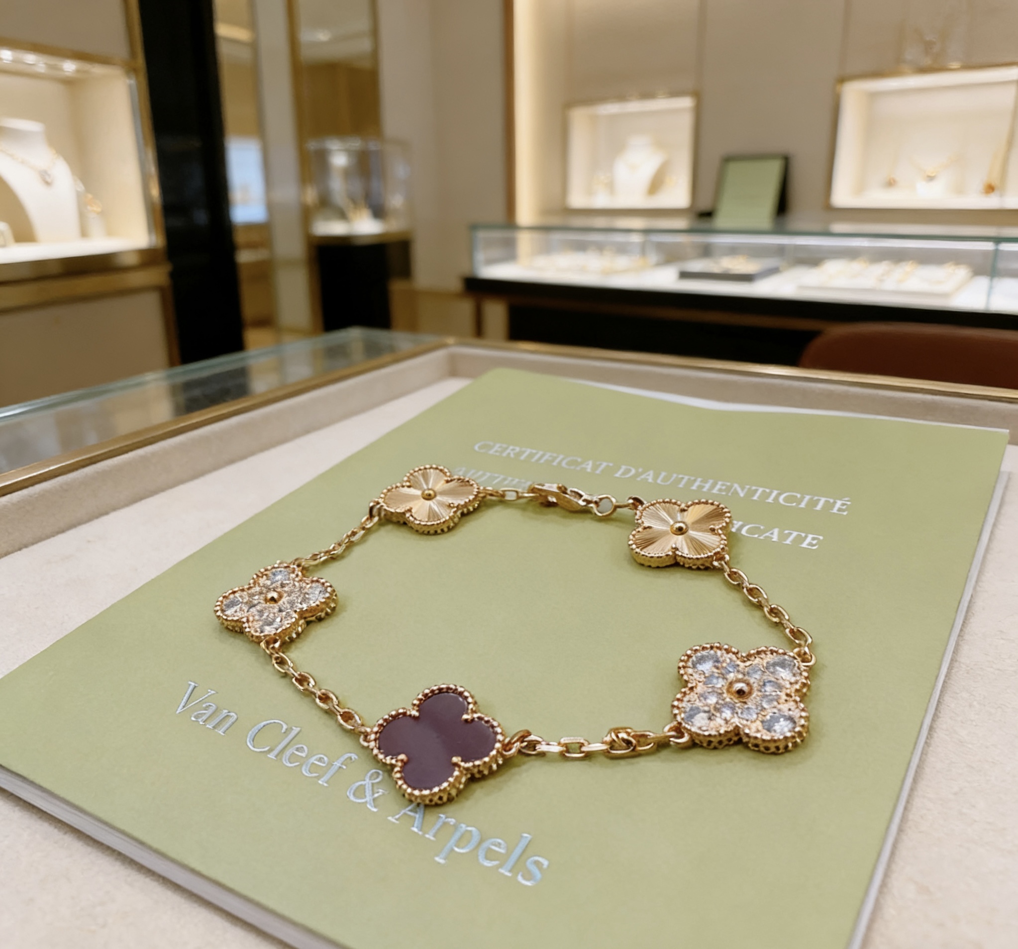 Van Cleef Arpels Alhambra bracelet Rose gold metal with clear diamond accents and dark purple stone clover motifs 19cm
