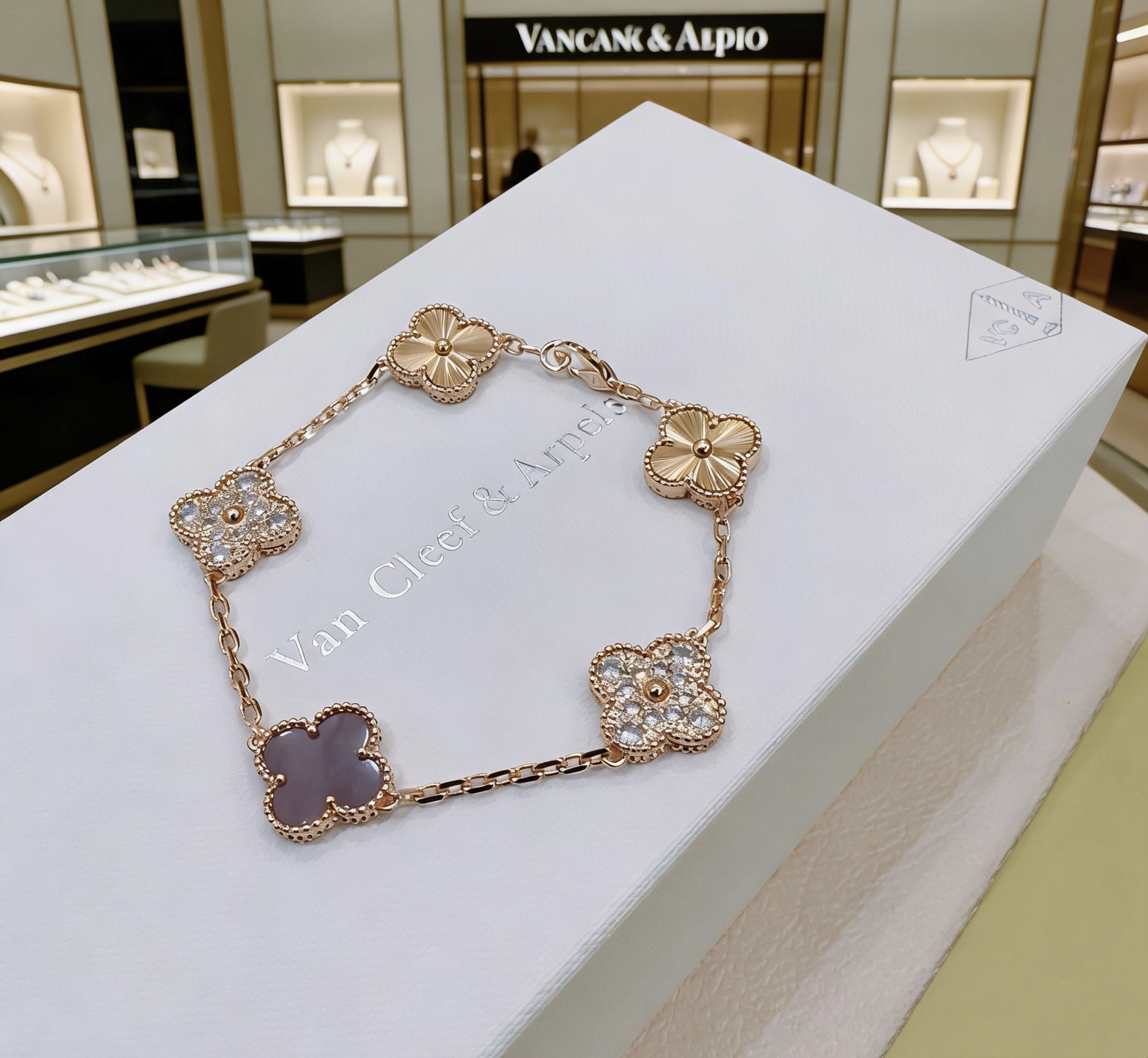 Van Cleef Arpels Alhambra bracelet Rose gold metal with clear diamond accents and dark purple stone clover motifs 19cm