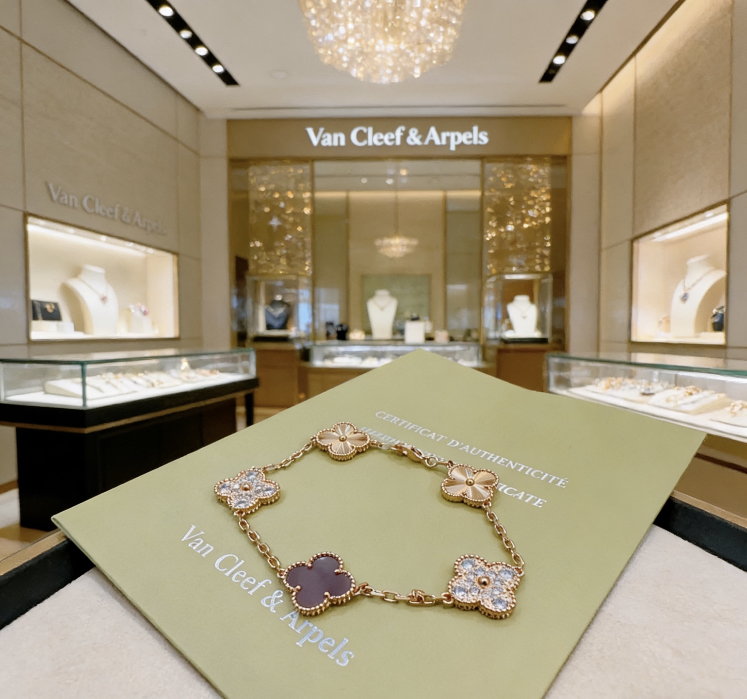 Van Cleef Arpels Alhambra bracelet Rose gold metal with clear diamond accents and dark purple stone clover motifs 19cm