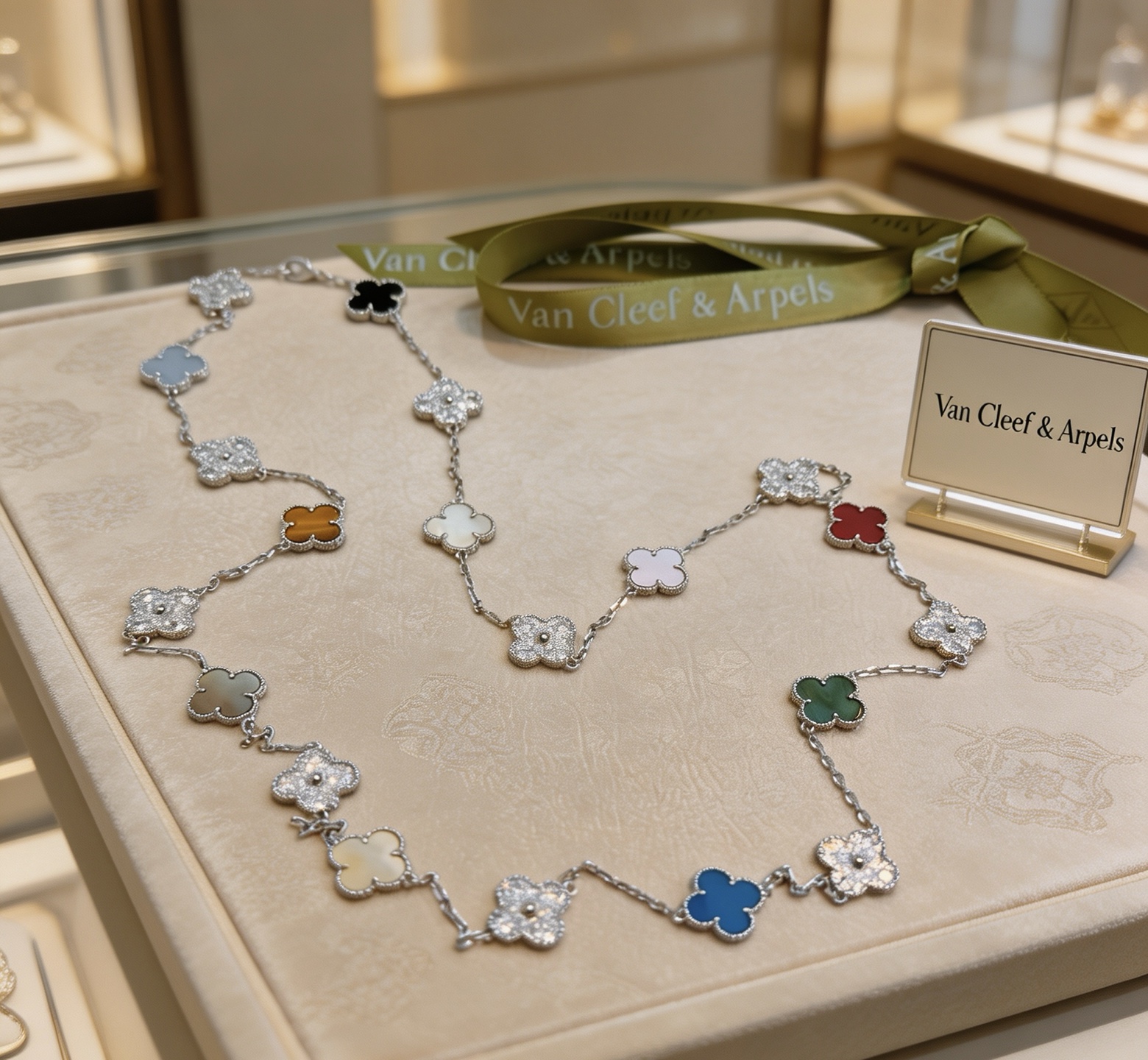 Van Cleef Arpels Alhambra necklace White gold with diamonds black onyx gray chalcedony tiger s eye mother-of-pearl white mother-of-pearl carnelian malachite blue agate pink opal green mother-of-pearl 85cm