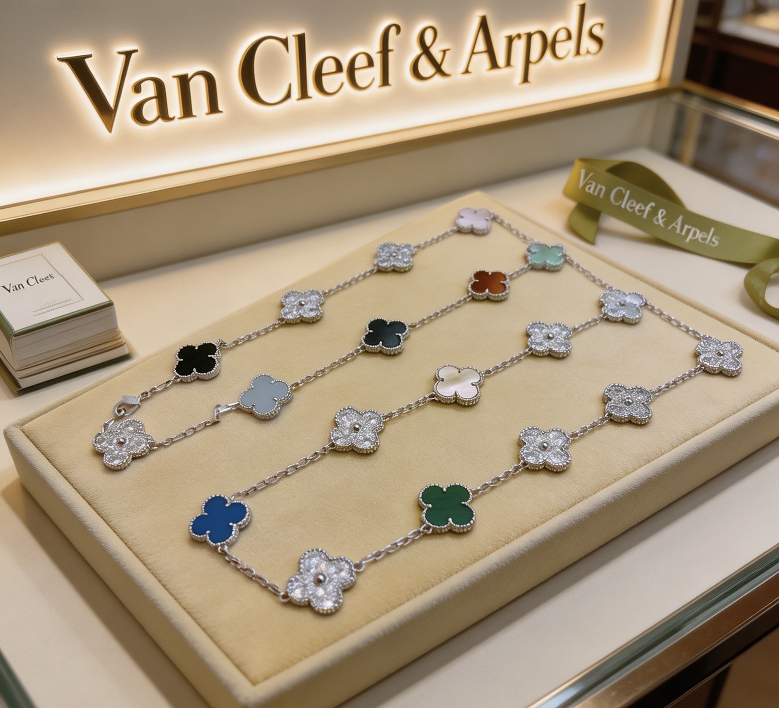 Van Cleef Arpels Alhambra necklace White gold with diamonds black onyx gray chalcedony tiger s eye mother-of-pearl white mother-of-pearl carnelian malachite blue agate pink opal green mother-of-pearl 85cm