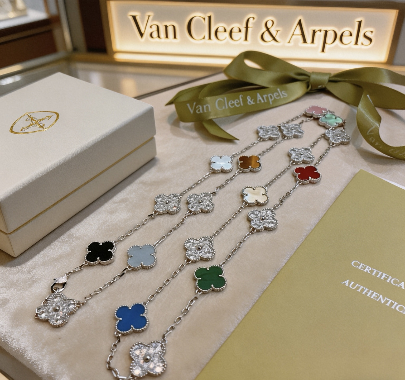 Van Cleef Arpels Alhambra necklace White gold with diamonds black onyx gray chalcedony tiger s eye mother-of-pearl white mother-of-pearl carnelian malachite blue agate pink opal green mother-of-pearl 85cm