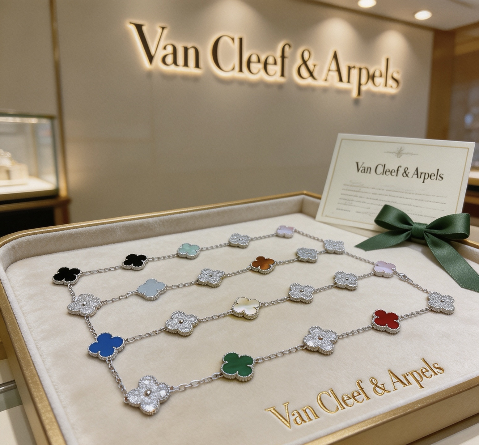 Van Cleef Arpels Alhambra necklace White gold with diamonds black onyx gray chalcedony tiger s eye mother-of-pearl white mother-of-pearl carnelian malachite blue agate pink opal green mother-of-pearl 85cm