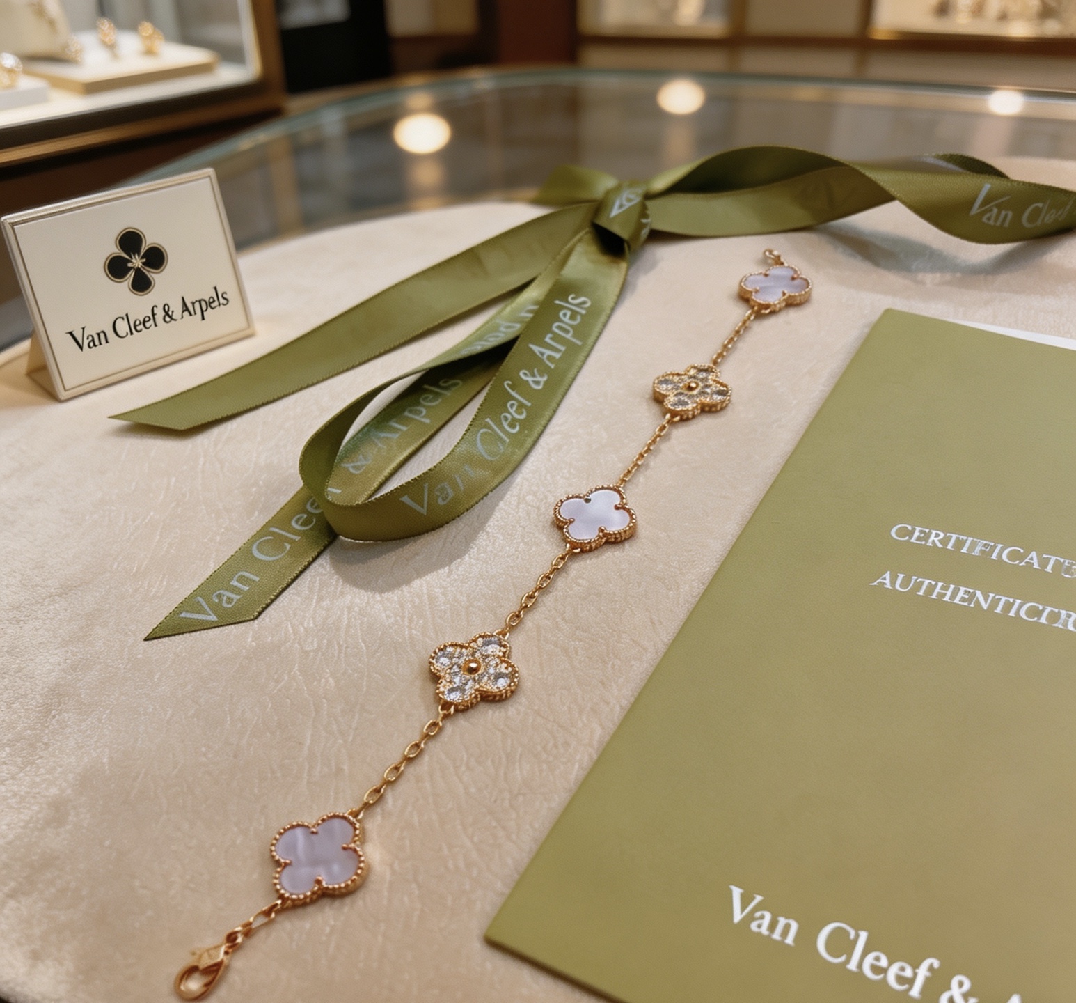 Van Cleef Arpels Alhambra bracelet Yellow gold metal with white mother-of-pearl and clear diamond accents 18cm