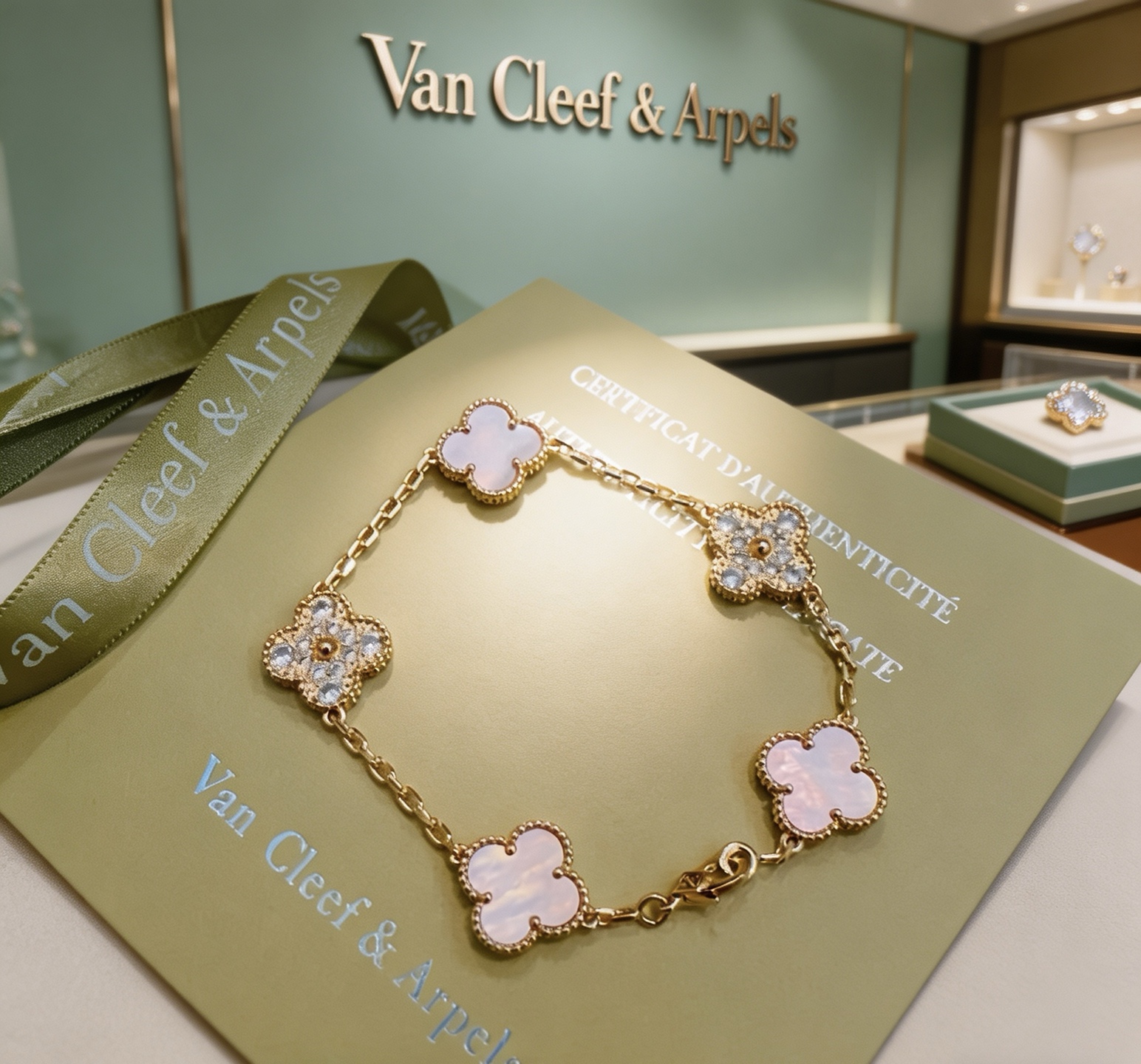 Van Cleef Arpels Alhambra bracelet Yellow gold metal with white mother-of-pearl and clear diamond accents 18cm