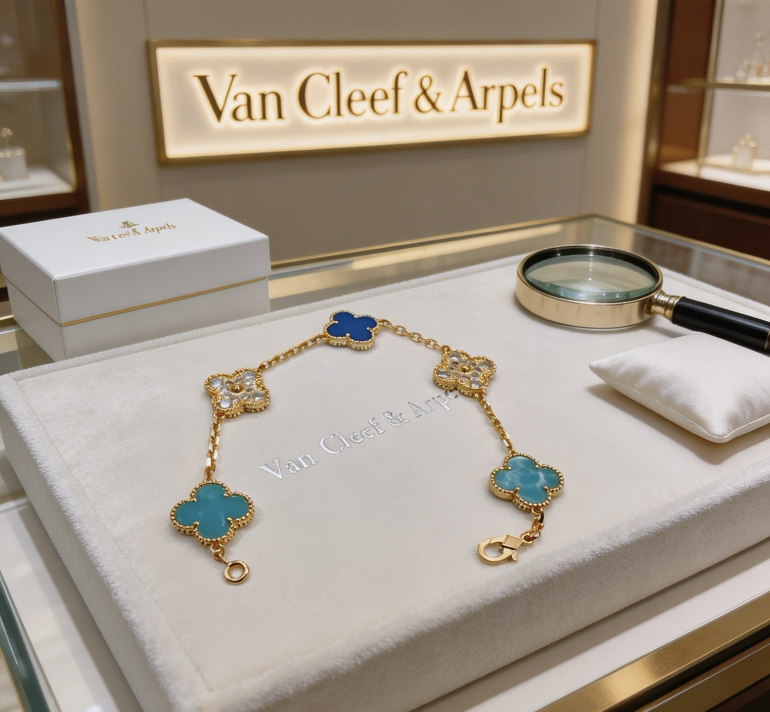 Van Cleef Arpels Alhambra bracelet Yellow gold with blue agate turquoise and diamond-accented four-leaf clover motifs 17cm