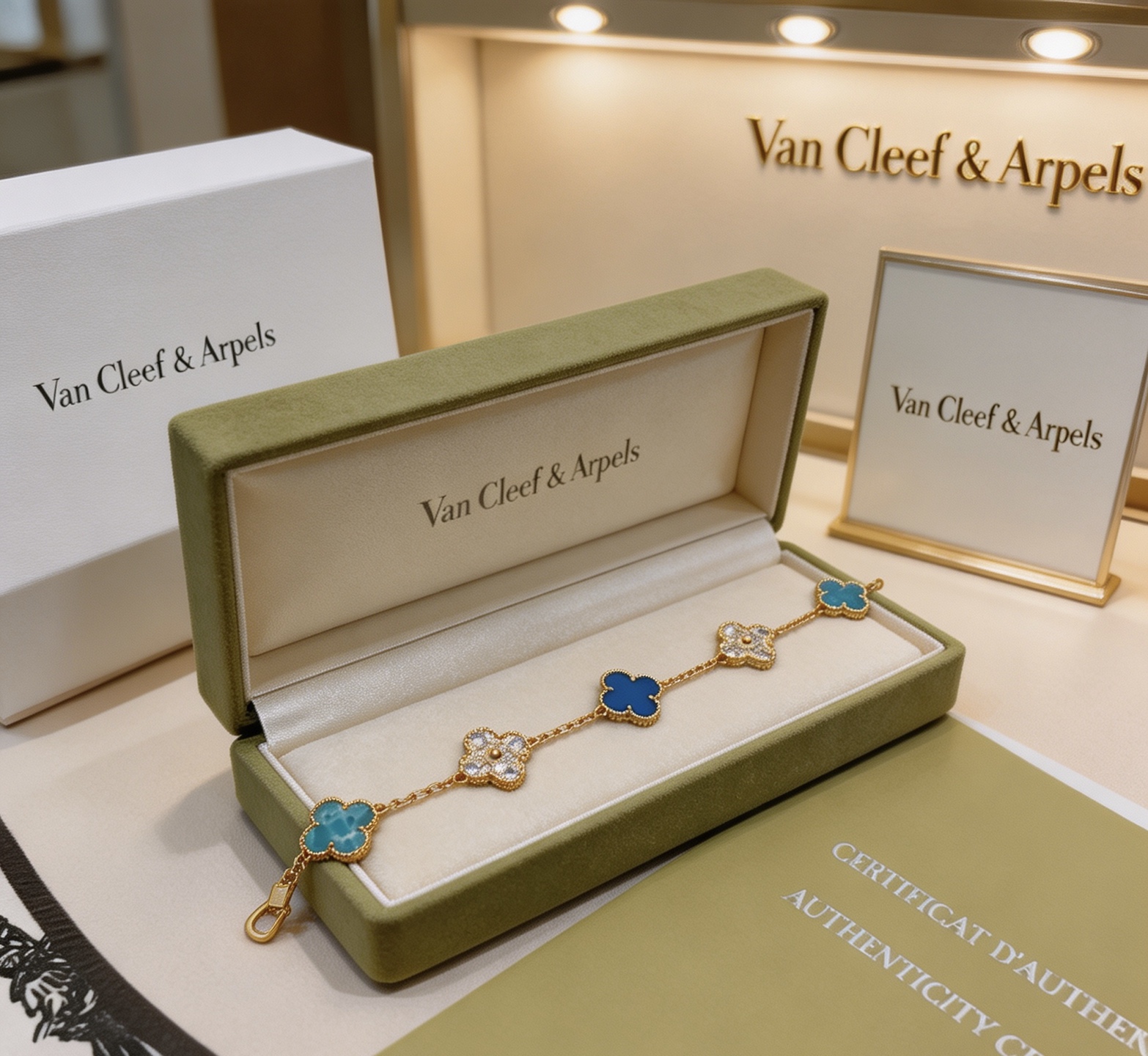 Van Cleef Arpels Alhambra bracelet Yellow gold with blue agate turquoise and diamond-accented four-leaf clover motifs 17cm
