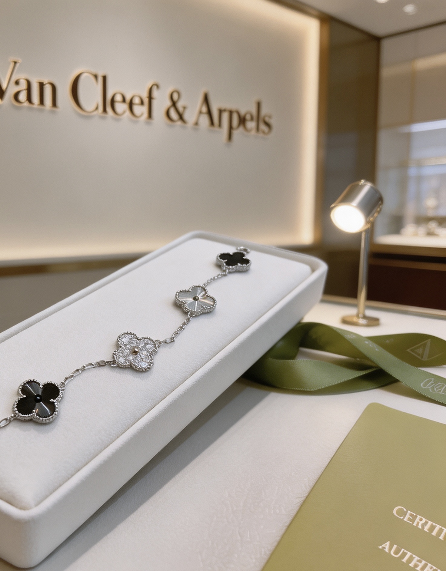Van Cleef Arpels Alhambra bracelet Silver-toned metal with clear diamond-like stones dark gray stone silver guilloche metal and dark gray clover inlays 19cm