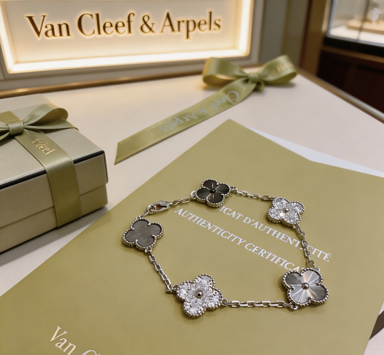 Van Cleef Arpels Alhambra bracelet Silver-toned metal with clear diamond-like stones dark gray stone silver guilloche metal and dark gray clover inlays 19cm