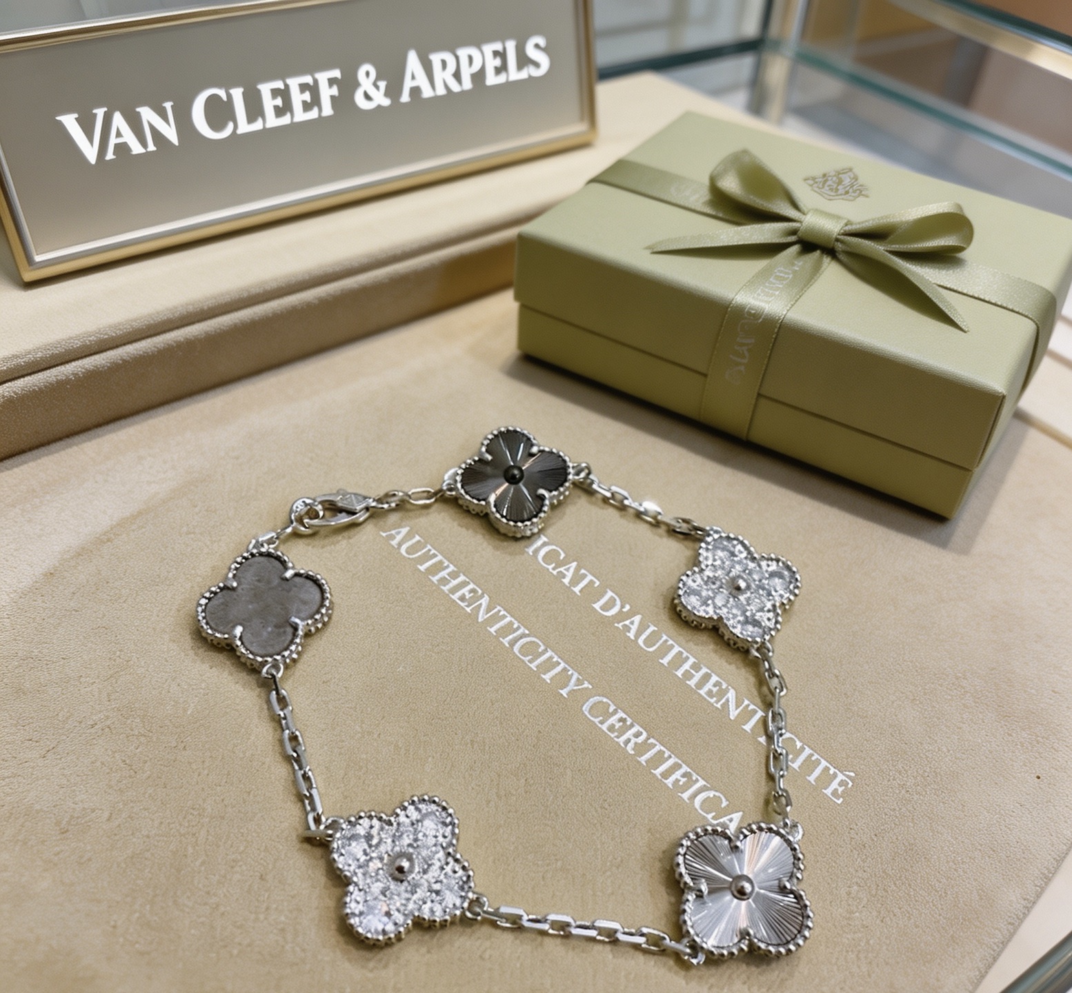 Van Cleef Arpels Alhambra bracelet Silver-toned metal with clear diamond-like stones dark gray stone silver guilloche metal and dark gray clover inlays 19cm