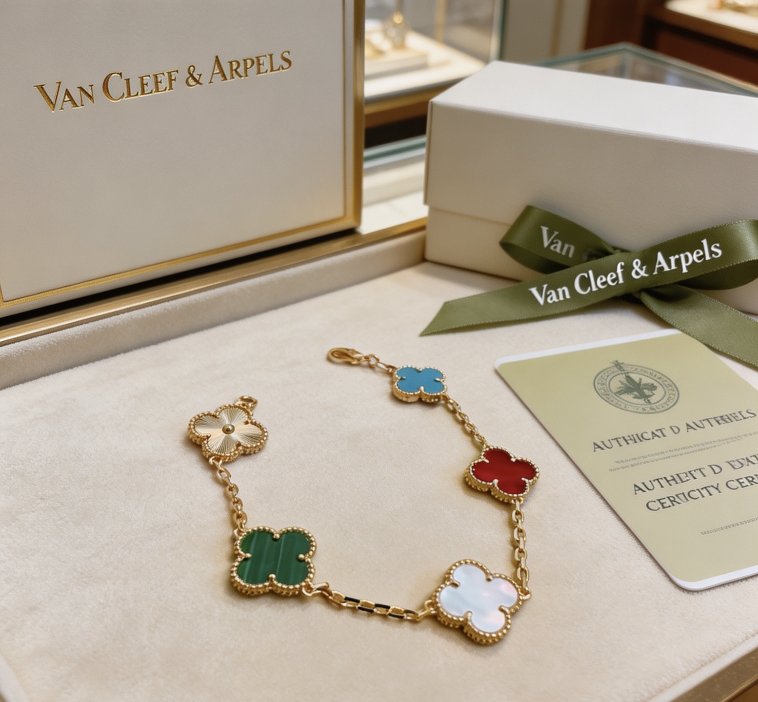 Van Cleef Arpels Alhambra bracelet Yellow gold metal with blue turquoise red carnelian white mother-of-pearl green malachite and gold guilloche clover motifs 17cm