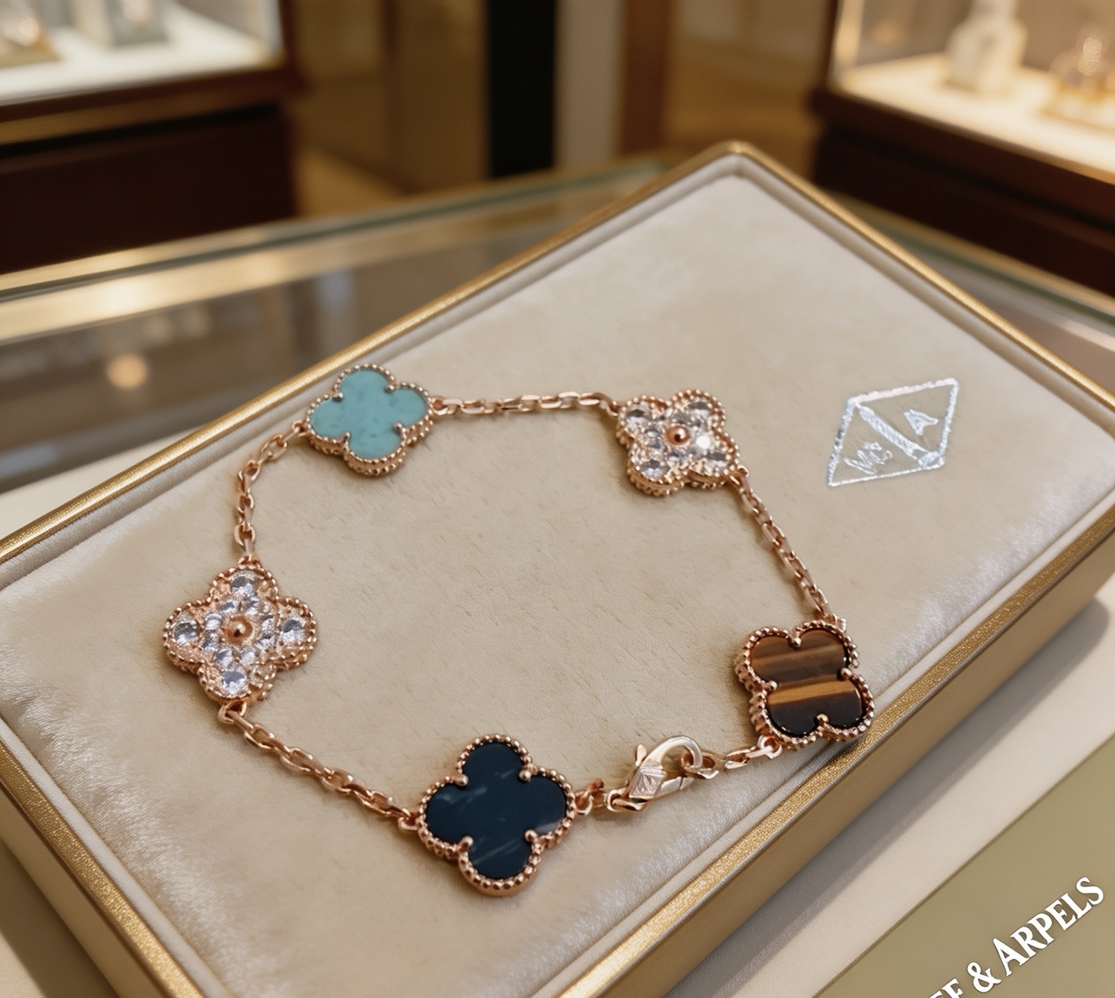 Van Cleef Arpels Alhambra bracelet Rose gold metal with turquoise diamond tiger s eye and dark blue stone accents 17cm