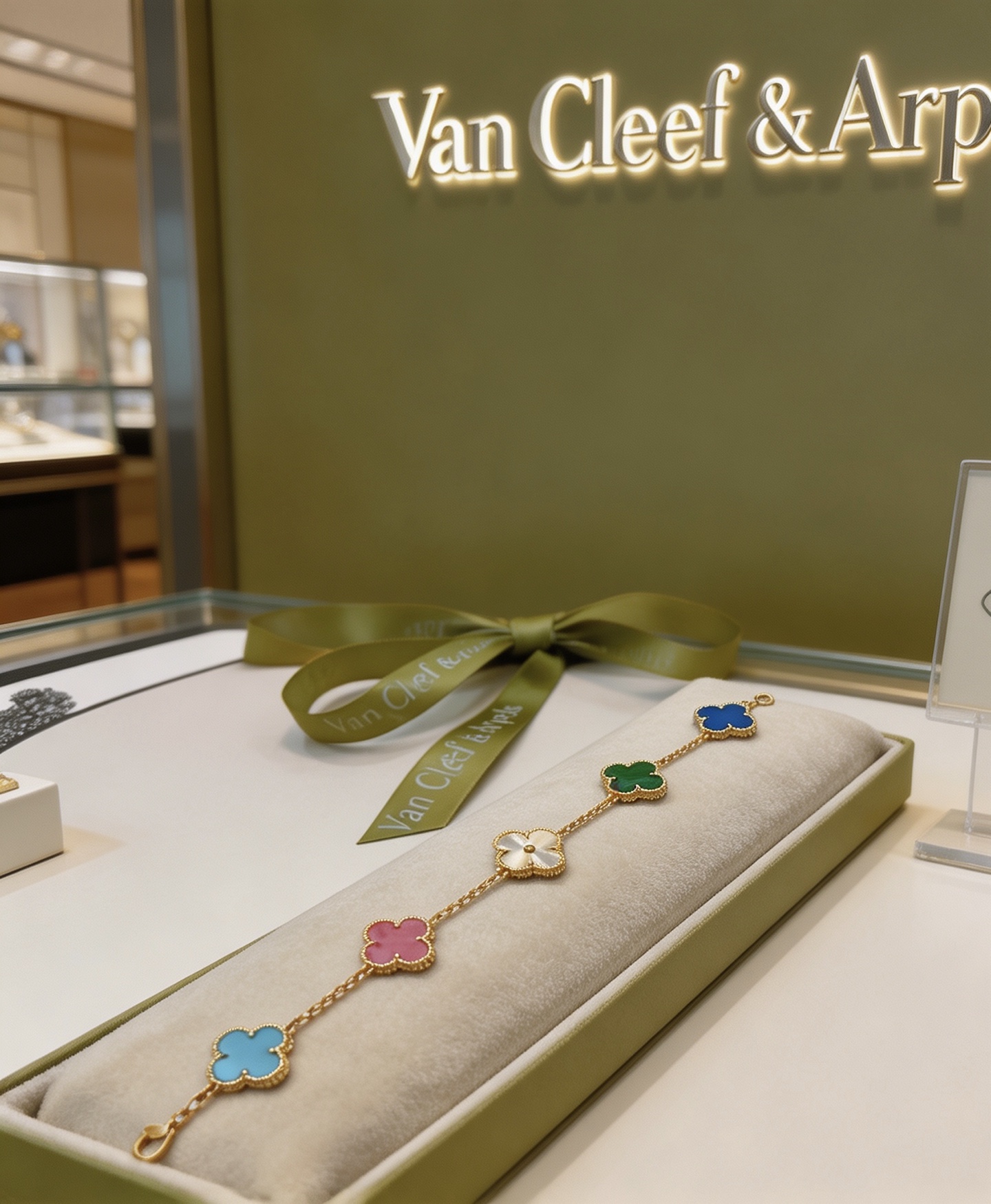 Van Cleef Arpels Alhambra bracelet Yellow gold metal with multicolor clover motifs white guilloche green malachite pink rhodonite blue agate light blue turquoise 18cm