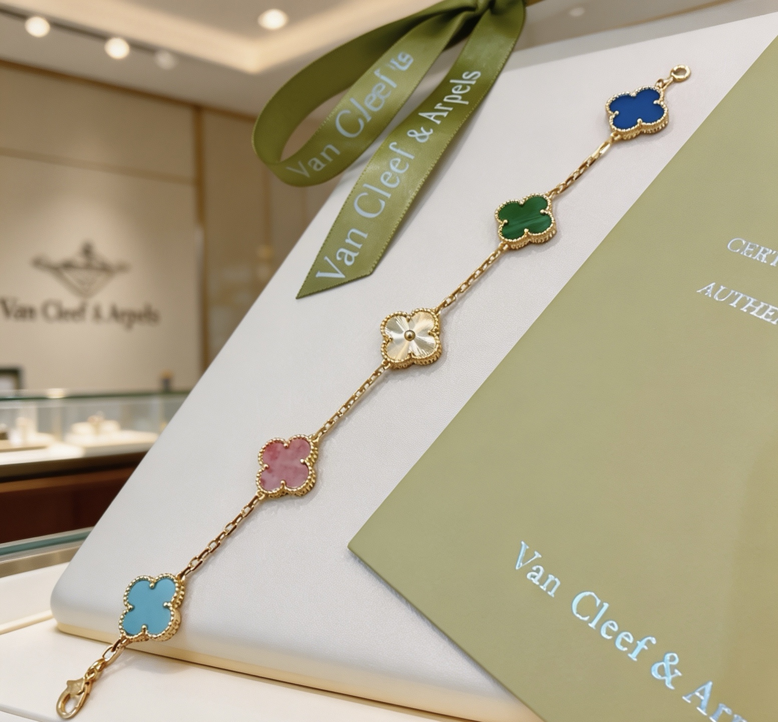 Van Cleef Arpels Alhambra bracelet Yellow gold metal with multicolor clover motifs white guilloche green malachite pink rhodonite blue agate light blue turquoise 18cm