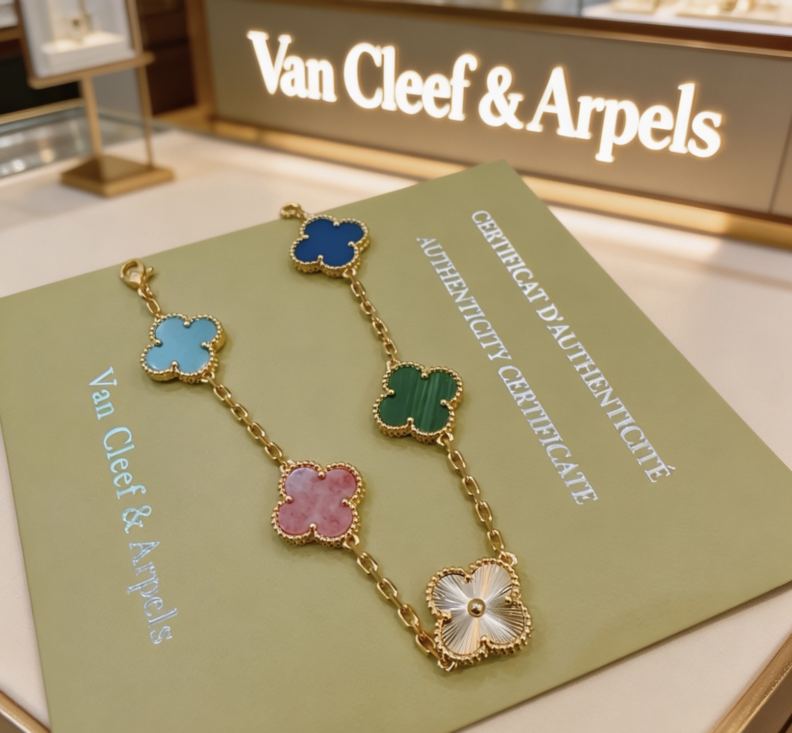 Van Cleef Arpels Alhambra bracelet Yellow gold metal with multicolor clover motifs white guilloche green malachite pink rhodonite blue agate light blue turquoise 18cm