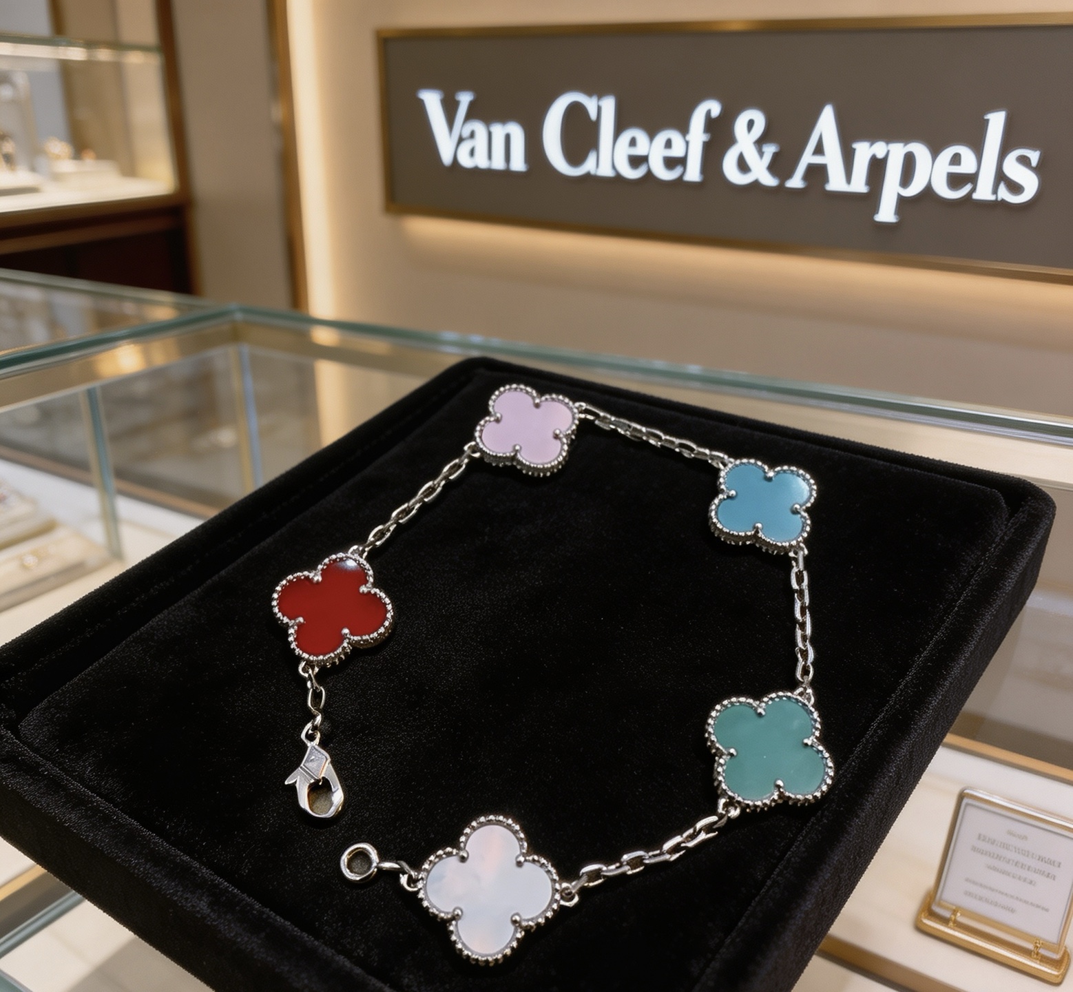 Bracciale Van Cleef Arpels Alhambra Metallo argentato con intarsi di trifogli multicolor rosa chiaro turchese blu rosso verde acqua verde bianco madreperla 17 cm