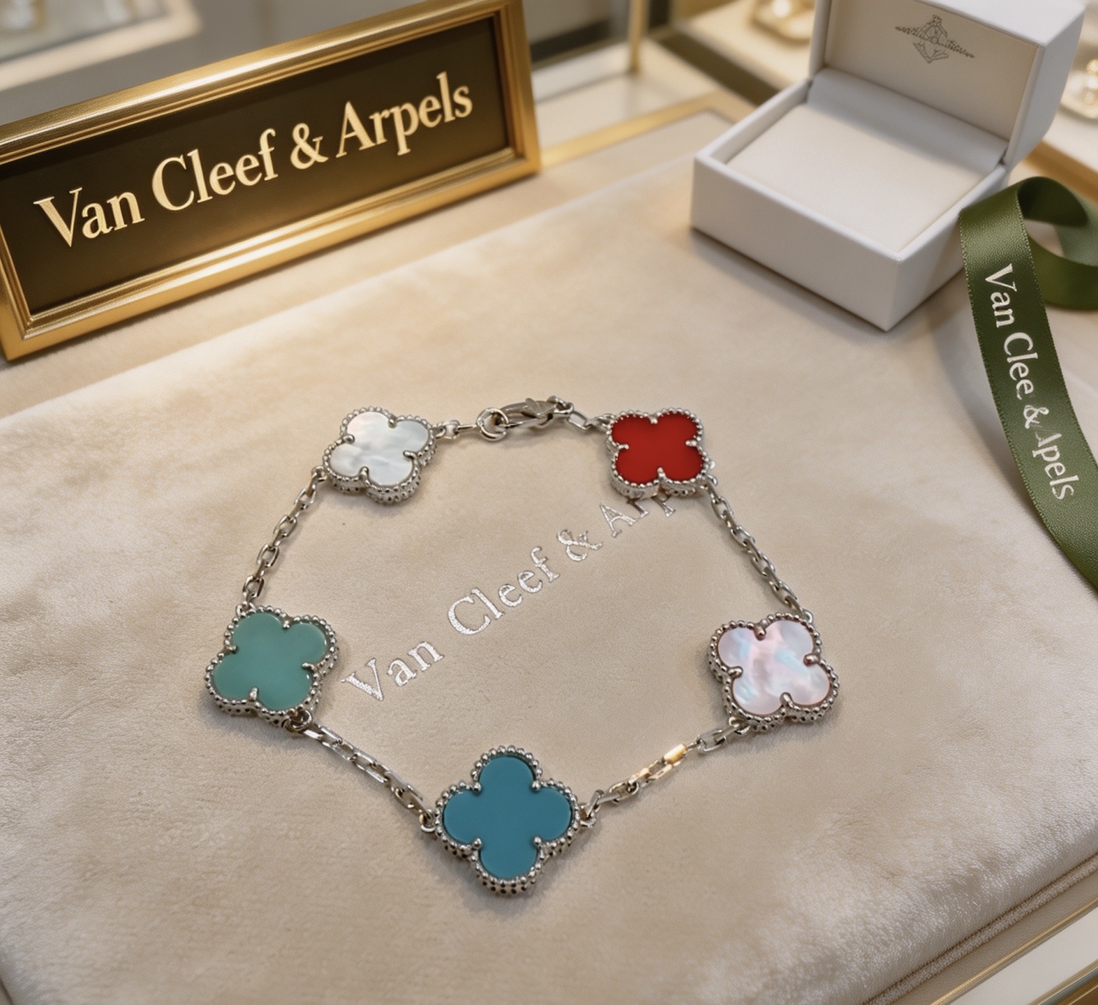 Bracciale Van Cleef Arpels Alhambra Metallo argentato con intarsi di trifogli multicolor rosa chiaro turchese blu rosso verde acqua verde bianco madreperla 17 cm
