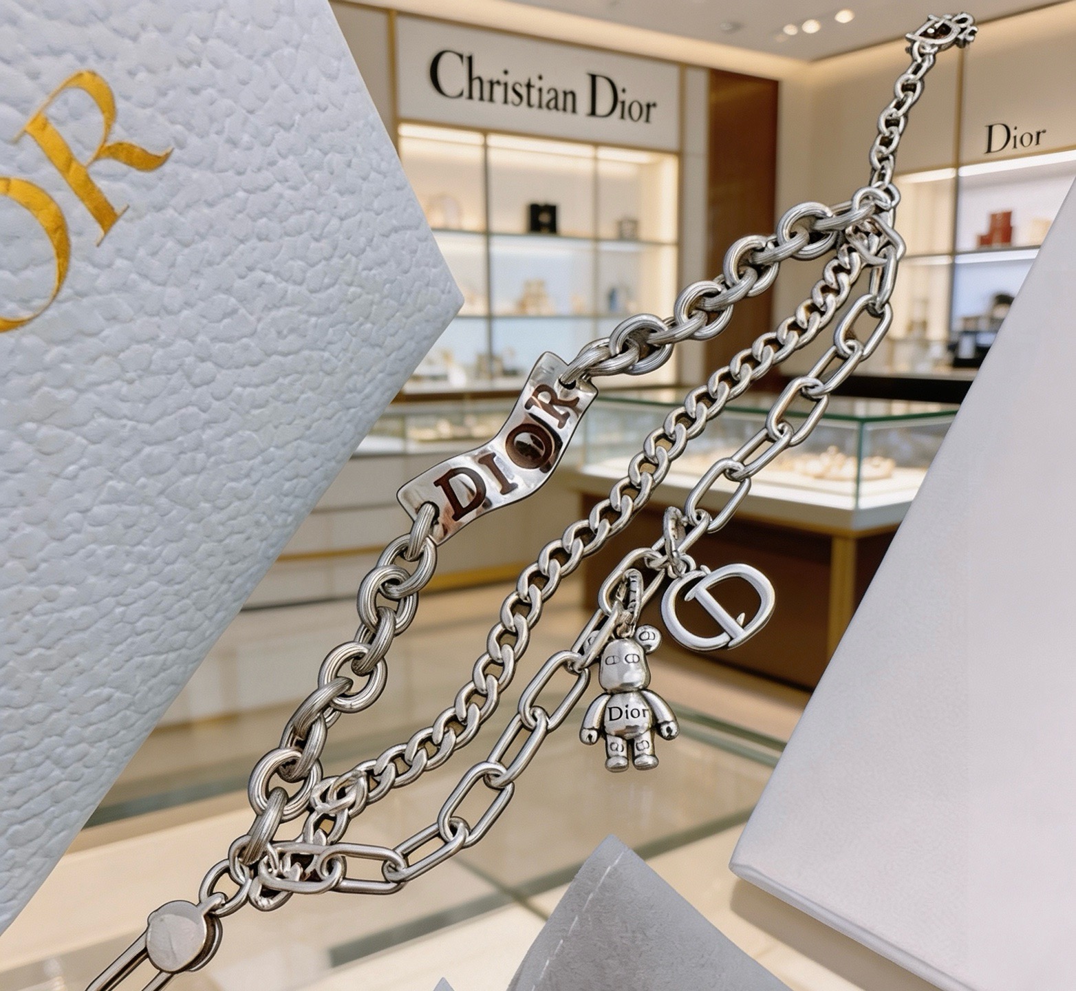 Dior Bear Charm Multi-Chain bracelet Silver-toned metal with brown enamel lettering 19cm