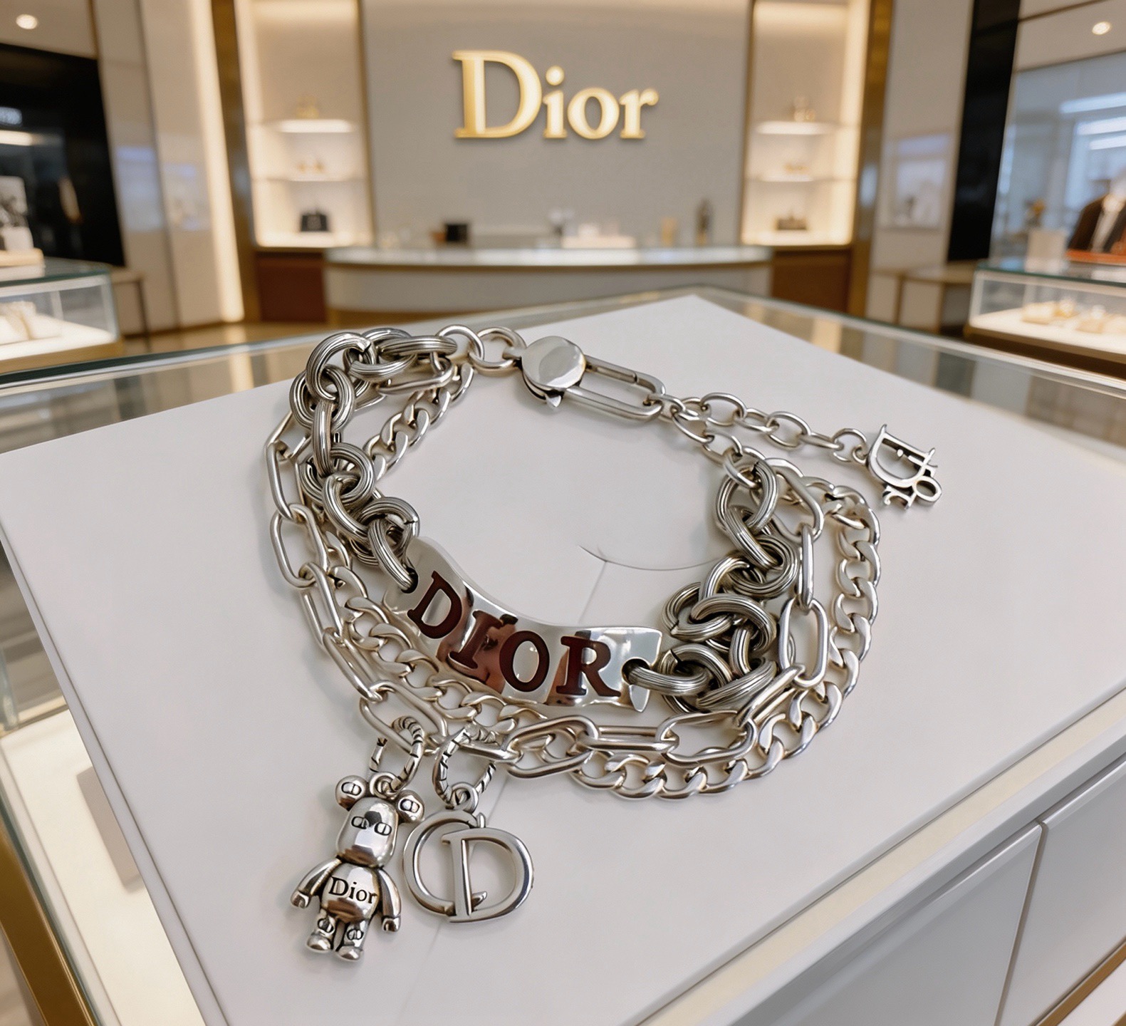 Dior Bear Charm Multi-Chain bracelet Silver-toned metal with brown enamel lettering 19cm