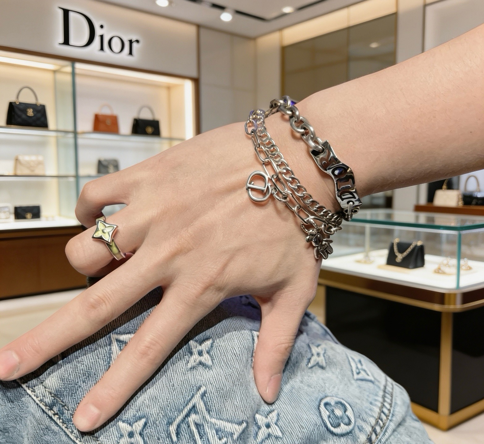Dior Bear Charm Multi-Chain bracelet Silver-toned metal with brown enamel lettering 19cm
