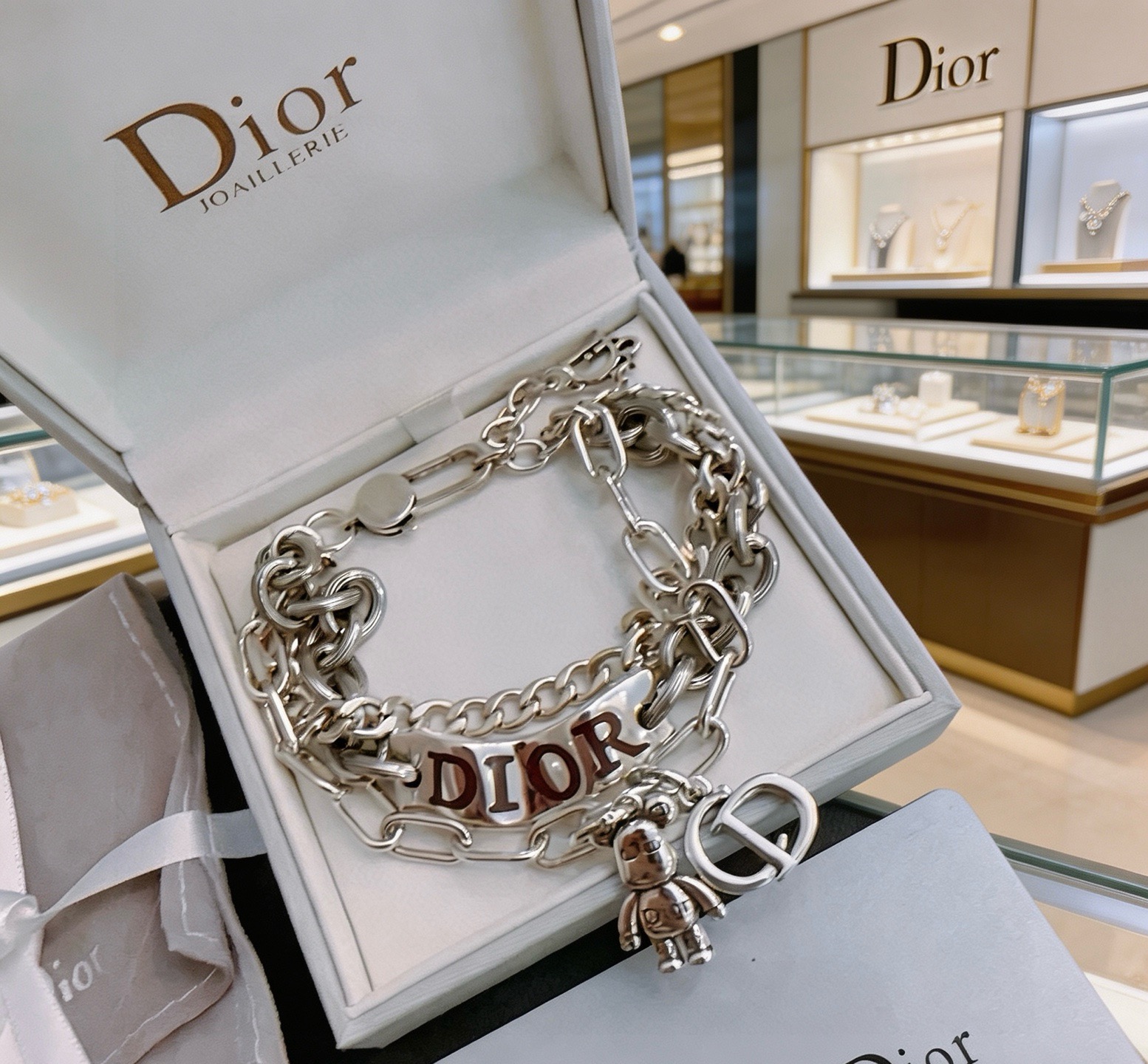 Dior Bear Charm Multi-Chain bracelet Silver-toned metal with brown enamel lettering 19cm
