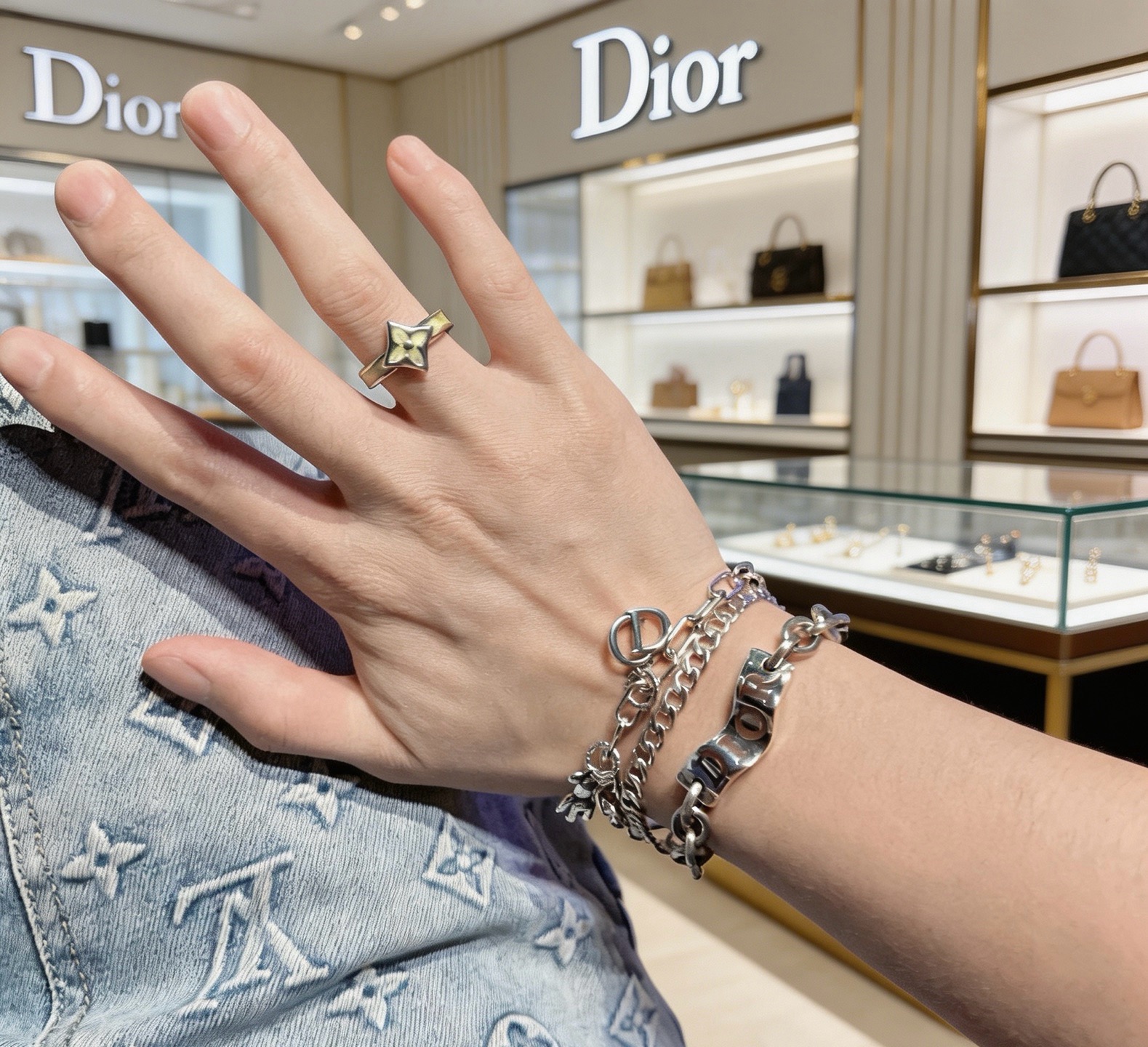 Dior Bear Charm Multi-Chain bracelet Silver-toned metal with brown enamel lettering 19cm
