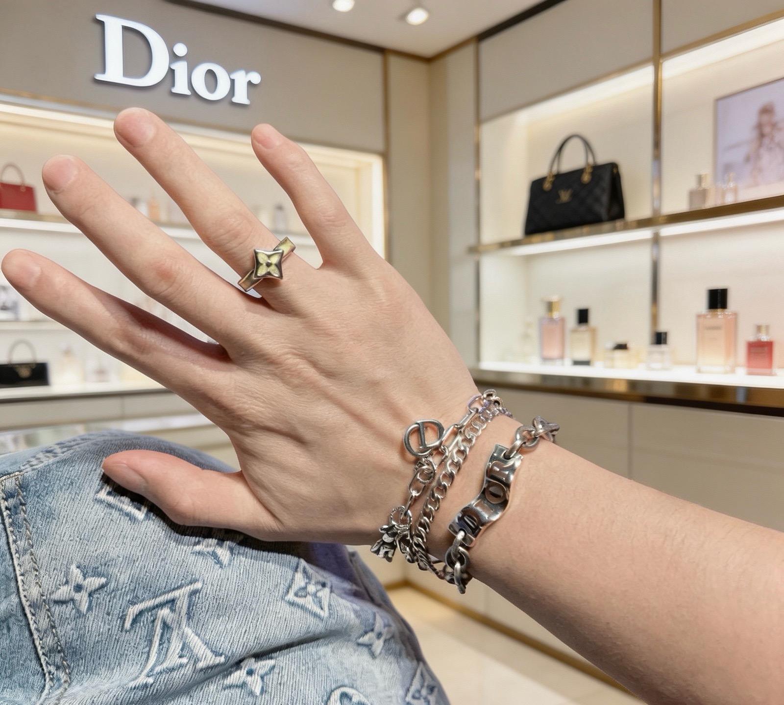 Dior Bear Charm Multi-Chain bracelet Silver-toned metal with brown enamel lettering 19cm