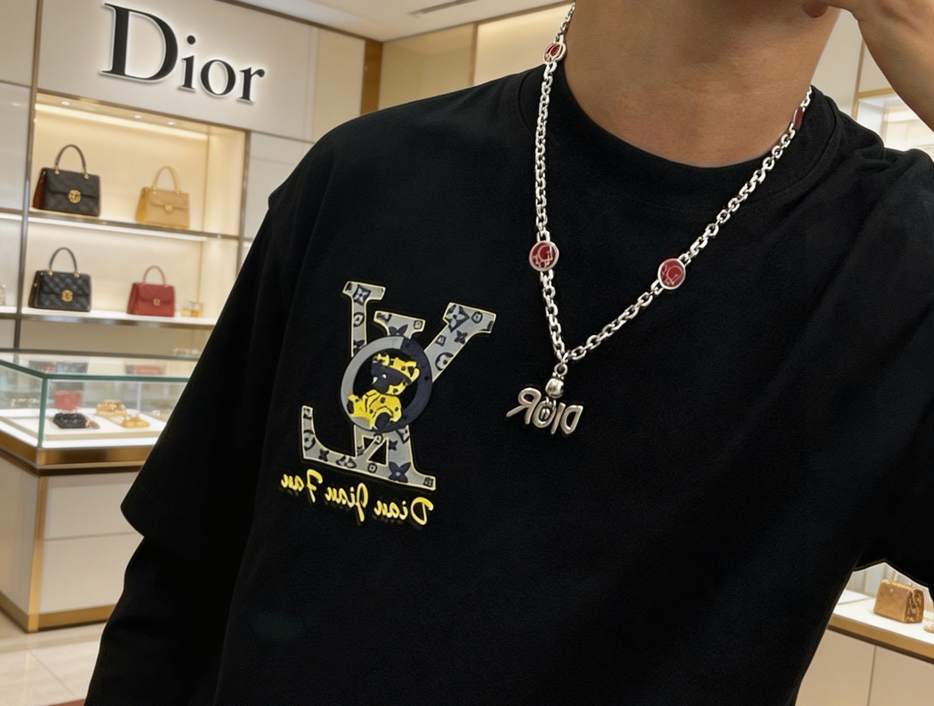 Dior Dior Logo Charm Enamel Chain necklace Silver-tone metal with red enamel accents 50cm