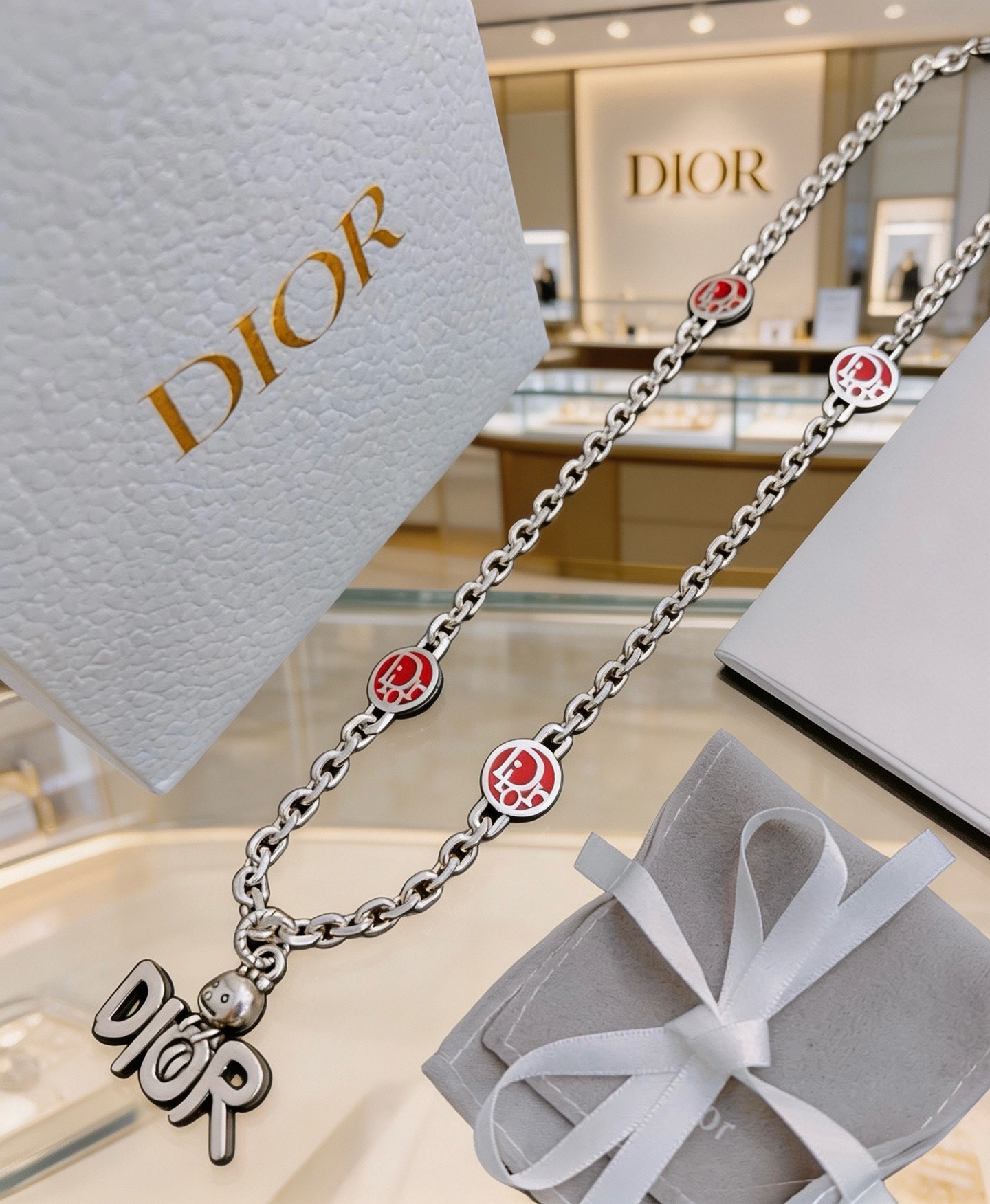 Dior Dior Logo Charm Enamel Chain necklace Silver-tone metal with red enamel accents 50cm