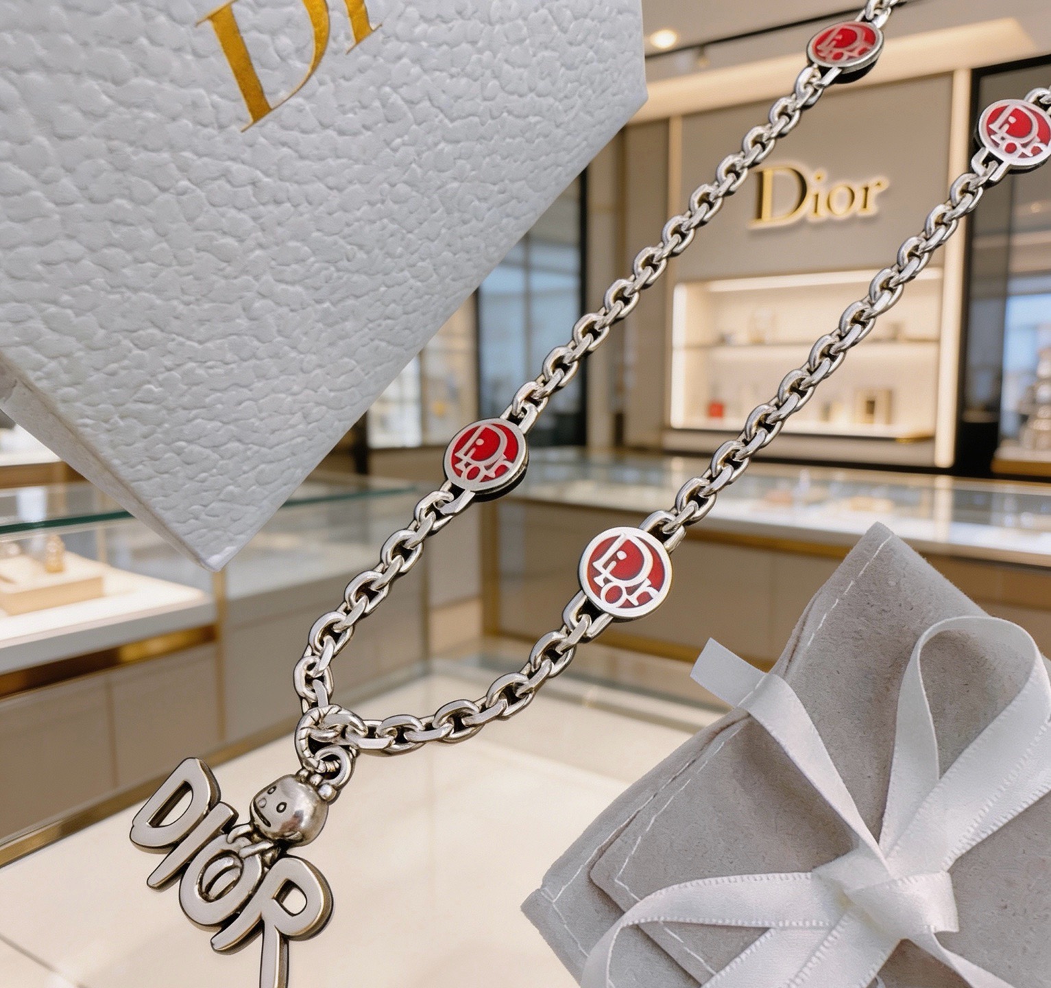 Dior Dior Logo Charm Enamel Chain necklace Silver-tone metal with red enamel accents 50cm