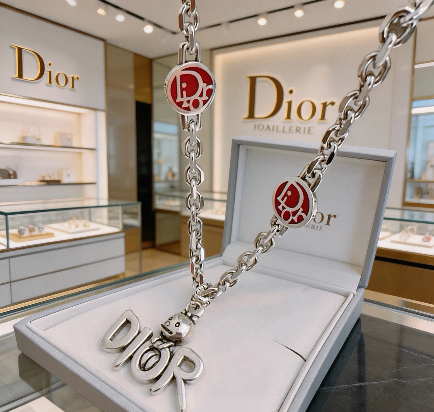 Dior Dior Logo Charm Enamel Chain necklace Silver-tone metal with red enamel accents 50cm