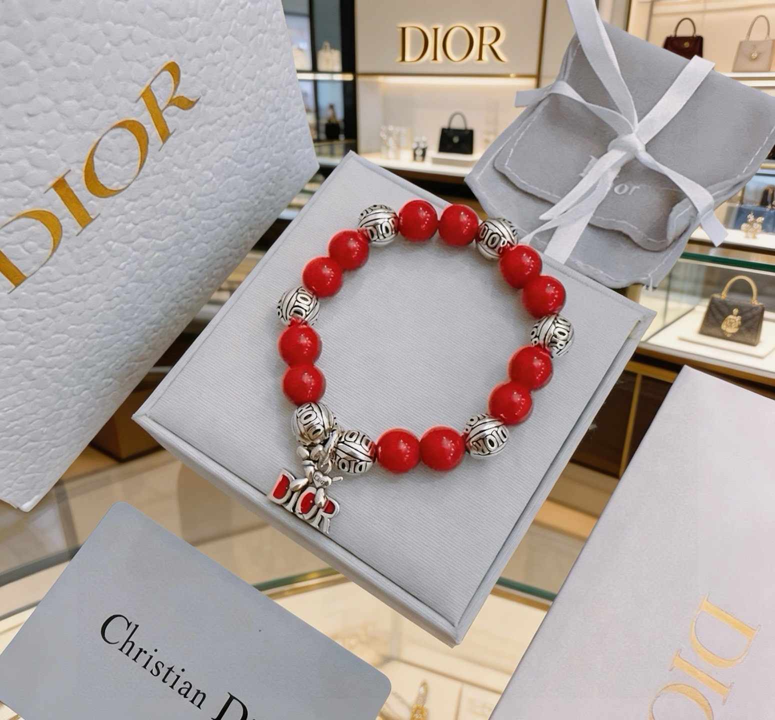 Dior Dior Logo Charm Beaded Bracelet bracelet Silver-tone metal with red resin beads and red enamel charm accents 18cm