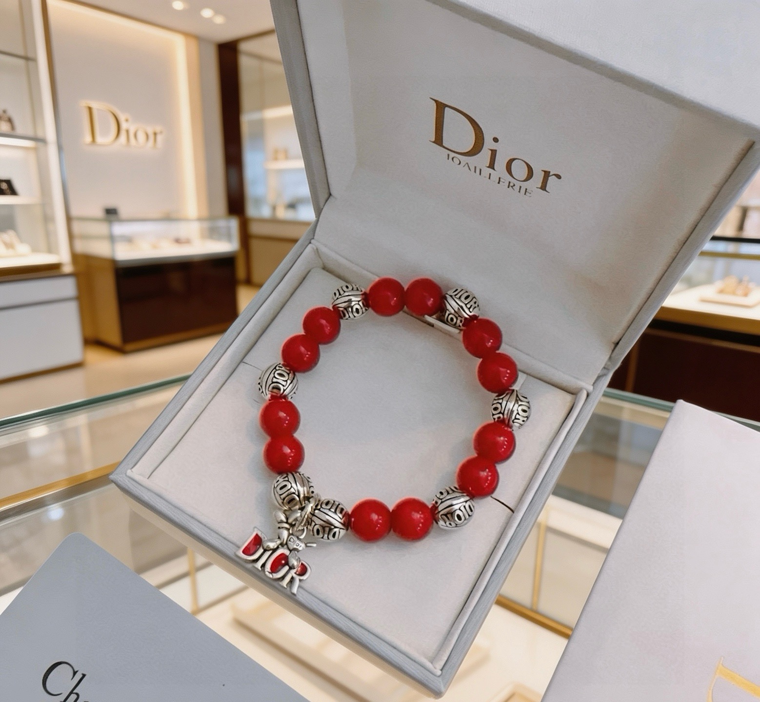 Dior Dior Logo Charm Beaded Bracelet bracelet Silver-tone metal with red resin beads and red enamel charm accents 18cm
