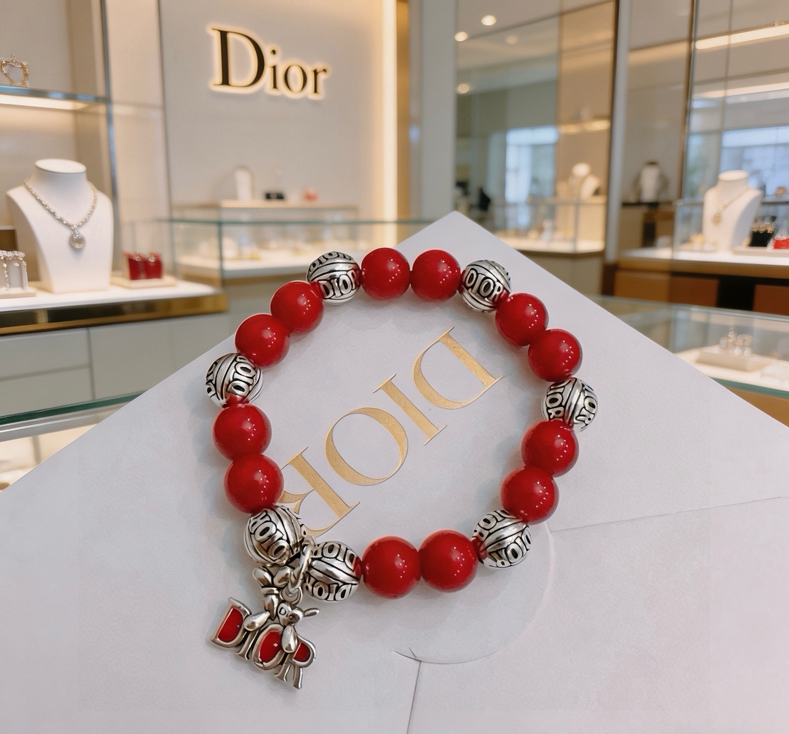 Dior Dior Logo Charm Beaded Bracelet bracelet Silver-tone metal with red resin beads and red enamel charm accents 18cm