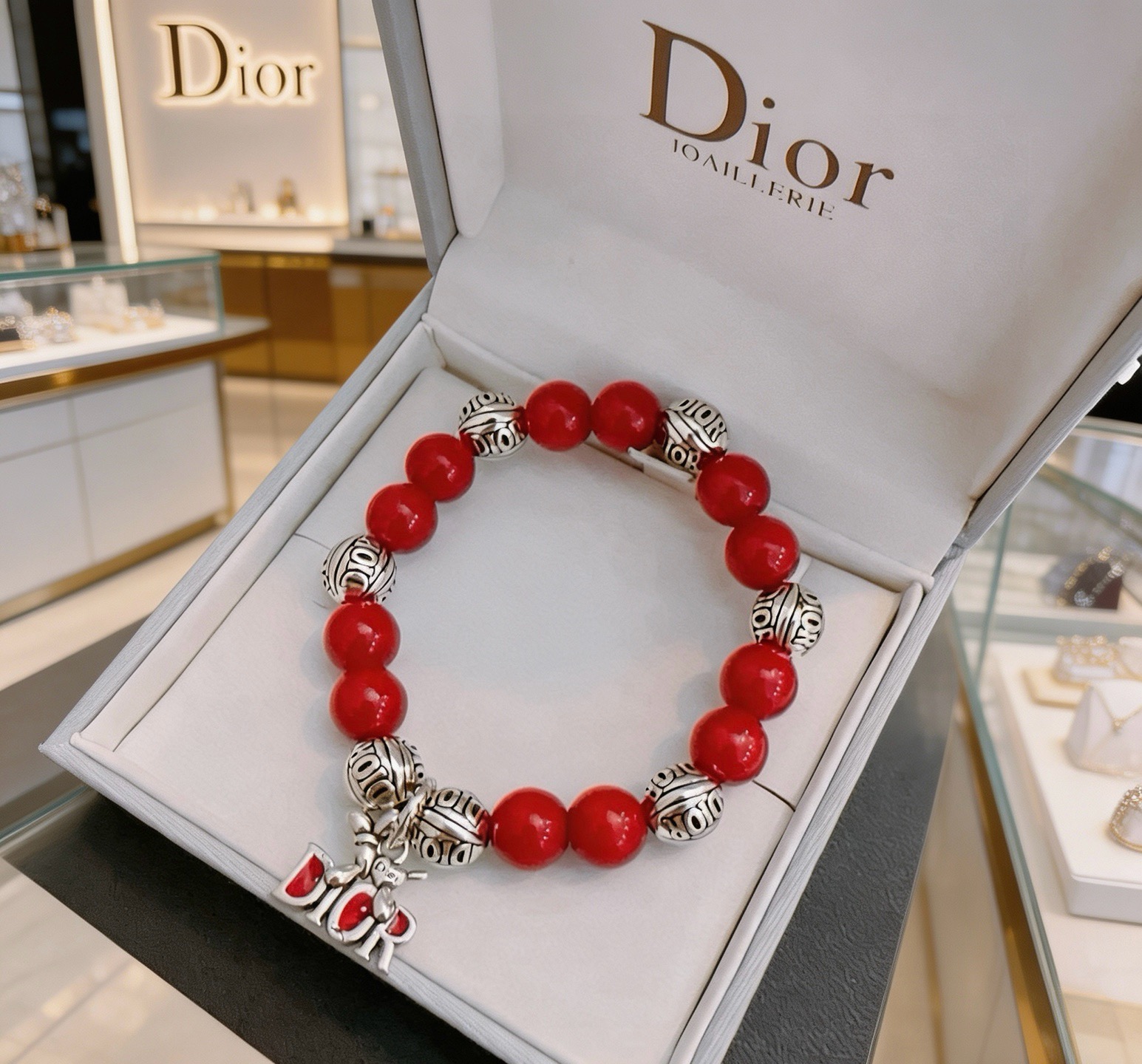 Dior Dior Logo Charm Beaded Bracelet bracelet Silver-tone metal with red resin beads and red enamel charm accents 18cm