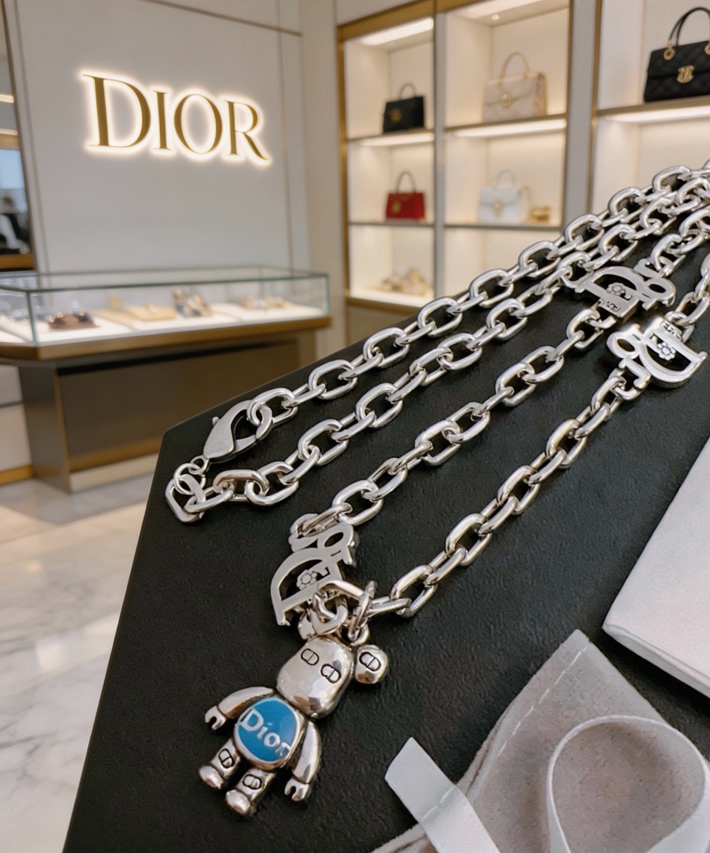 Dior Robot Bear Charm Chain Necklace necklace Silver-toned metal with blue enamel accent and clear crystal details 50cm