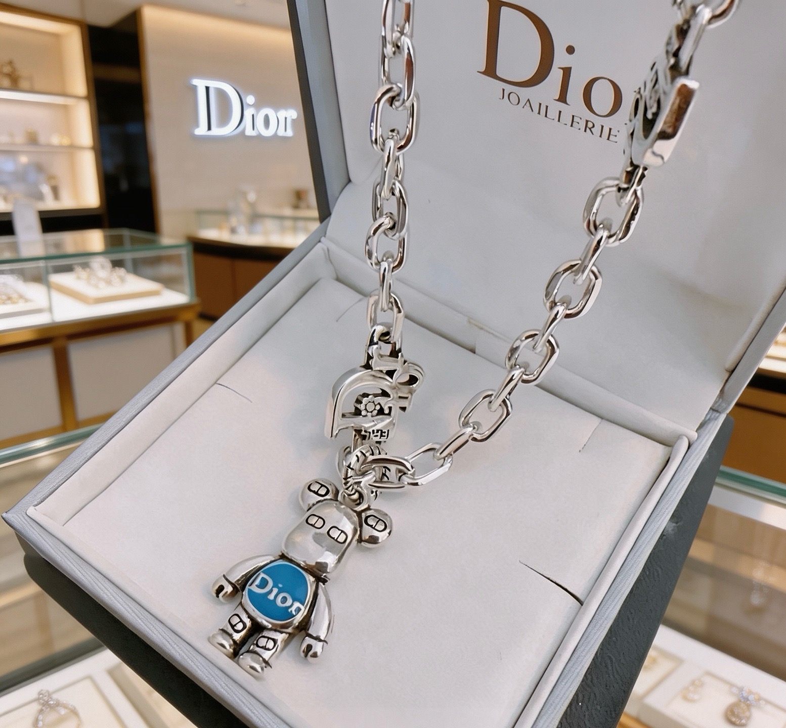 Dior Robot Bear Charm Chain Necklace necklace Silver-toned metal with blue enamel accent and clear crystal details 50cm