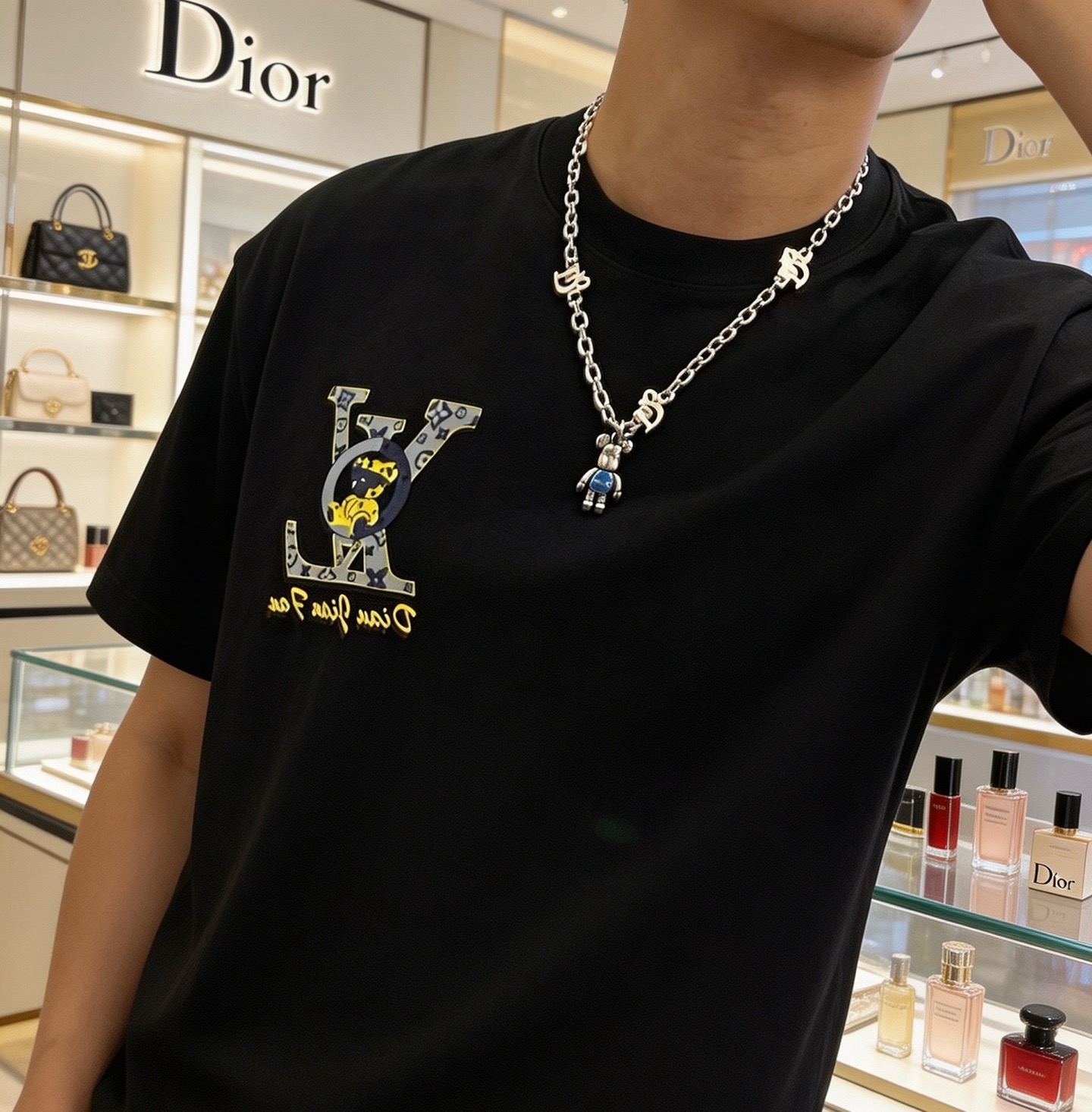 Dior Robot Bear Charm Chain Necklace necklace Silver-toned metal with blue enamel accent and clear crystal details 50cm
